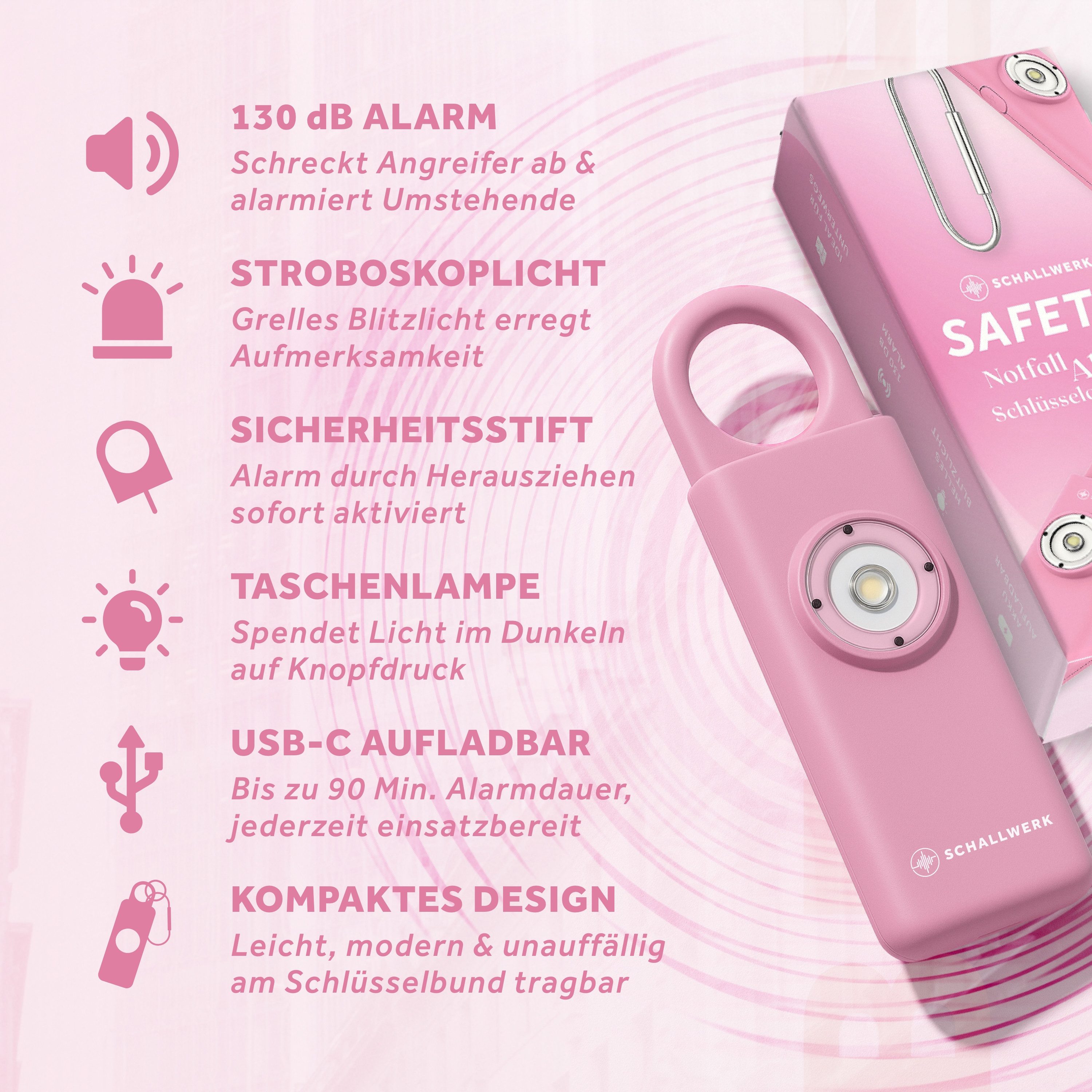Schallwerk Taschenanhänger Taschenalarm für Selbstverteidigung & Sicherheit Lauter Alarm, LED-Stroboskoplicht, Schlüsselanhänger, für Frauen
