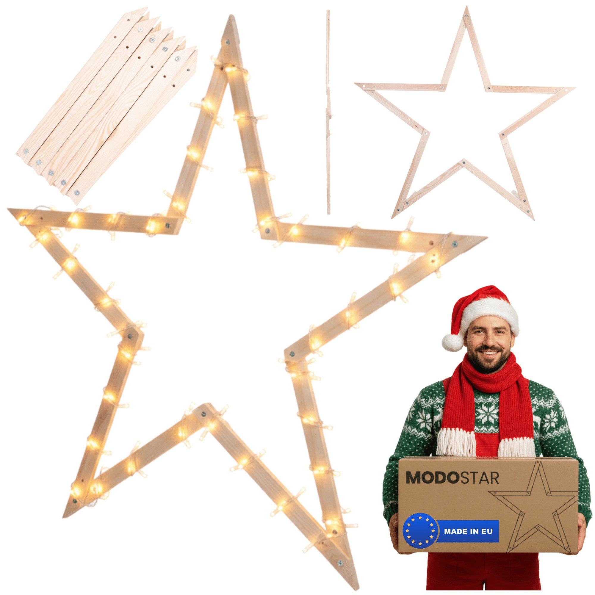 Modo24 Dekostern DIY MODOSTAR Weihnachtsstern Set aus FSC Holz 2D und 3D in 3 Breiten, zum Garten & Terrasse, wetterfest, faltbar & stabil, Weihnachtsdeko