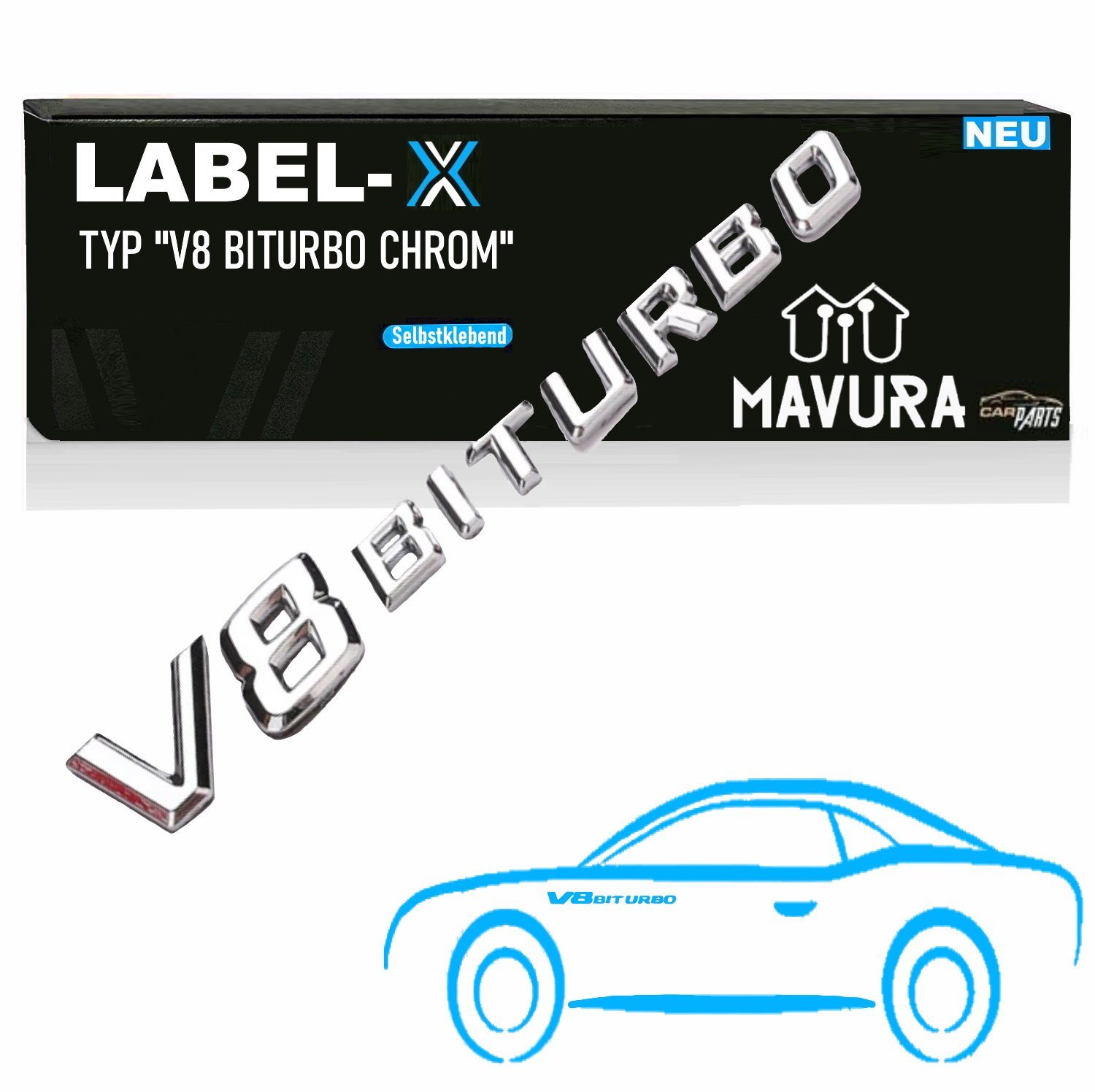 MAVURA Aufkleber LABEL-X V8 Biturbo Schriftzug 3D Emblem Chrom Logo, G63  S63 SL63 CL63 C63 CLS63 AMG Mercedes