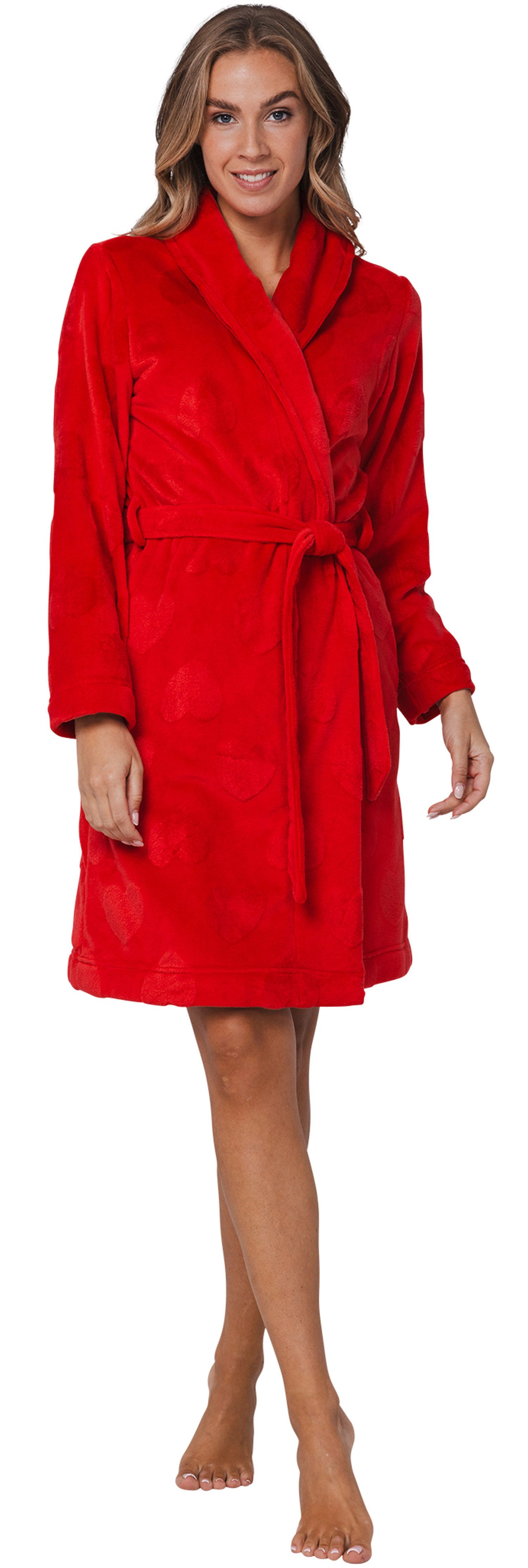 Rebelle Damenbademantel Damen Bademantel Herzen allover, kurz, Polyester, Schalkragen, Gürtel, Modisches Design