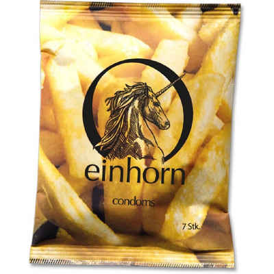 einhorn Kondome Food Porn (54mm Breite + Comfort-Form) Wochenration, Packung mit, 7 St., Fairstainability Kondome - kreativ, nachhaltig & fair gehandelt, vegane Kondome in der Chipstüte