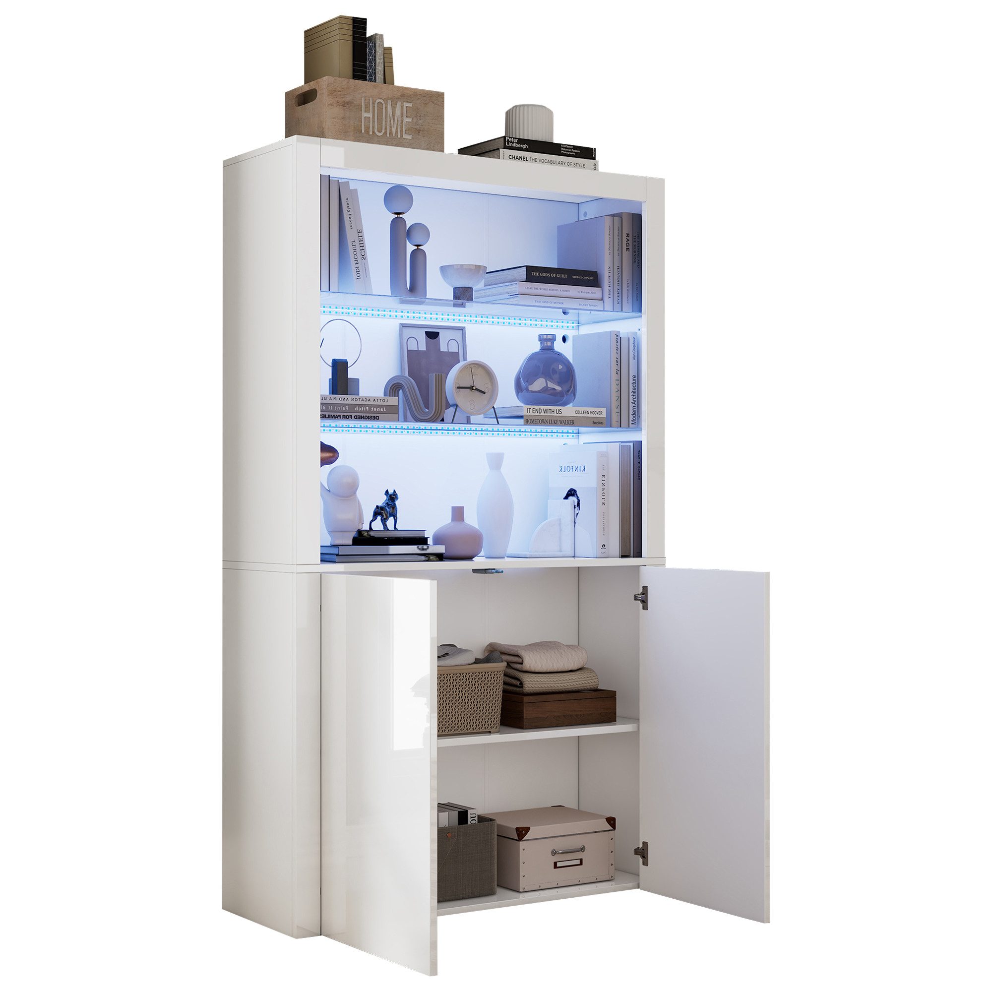 BlingBin Vitrine Hochglanz-Aufbewahrungsschrank, Vitrinenschränke mit LED-Leuchten (Sofa-Sideboard mit 2 Türen und 3 Offene Fächer, Displayschicht aus gehärtetem Glas, 1-St., Gesamtgröße: 100*35*170cm, Produktladung: 80KG) Vertikaler Hochschrank für Wohnzimmer Esszimmer, MDF, Weiß
