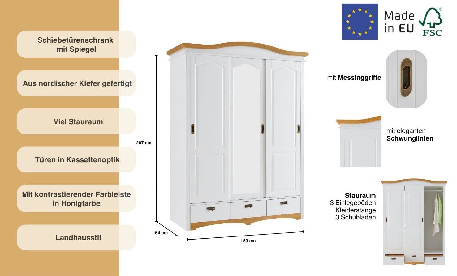 OTTO home Schiebetürenschrank Konrad, Landhausstil, rustikal, mit Schubladen + Spiegel, Kassetten (B/H/T ca. 153 cm x 207 cm x 64 cm) massive Kiefer, FSC®-zertifiziert, Messinggriffe
