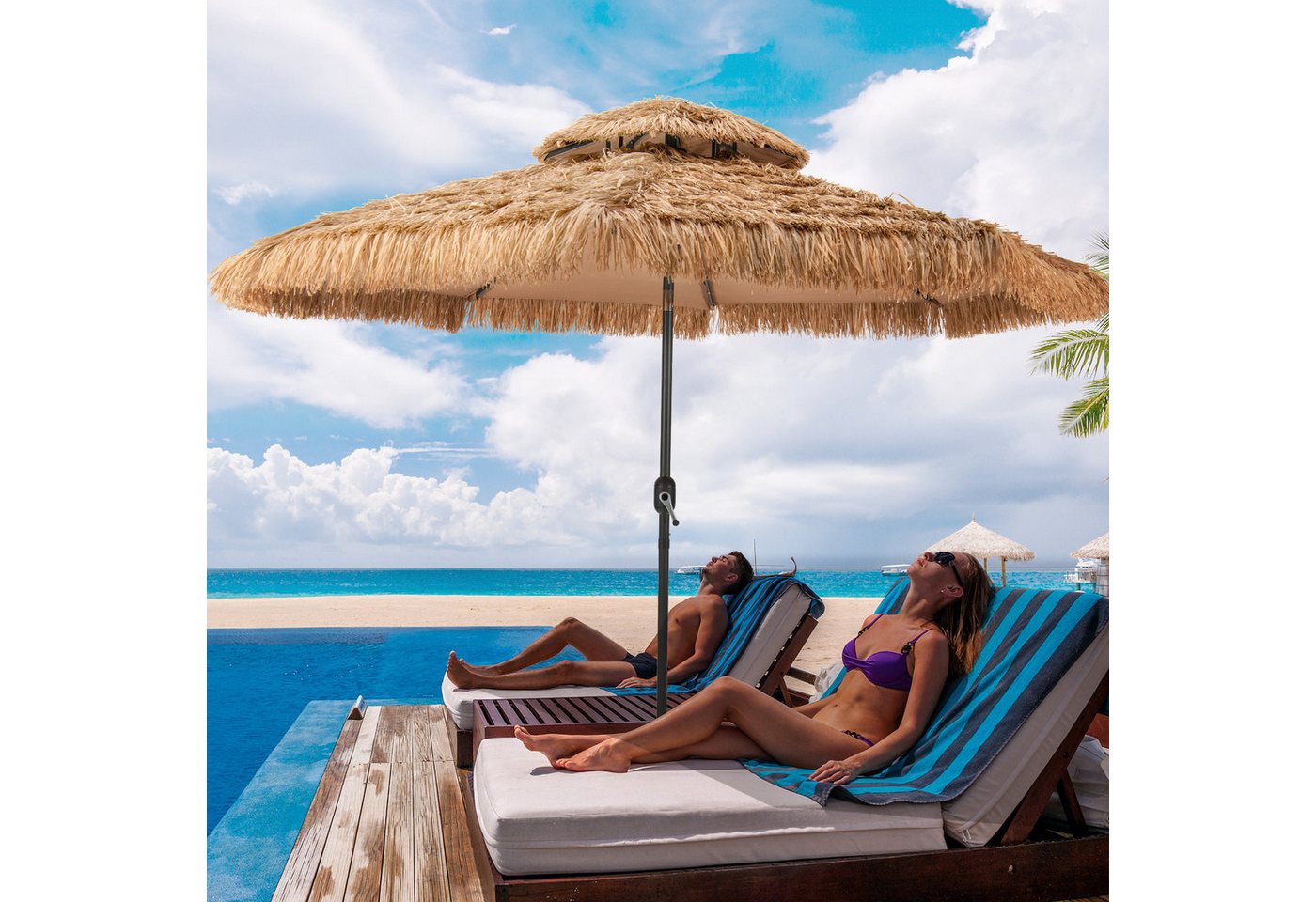 Thumbnail - KOMFOTTEU Sonnenschirm, Hawaii, Strohschirm um 30° knickbar, 8 Rippen