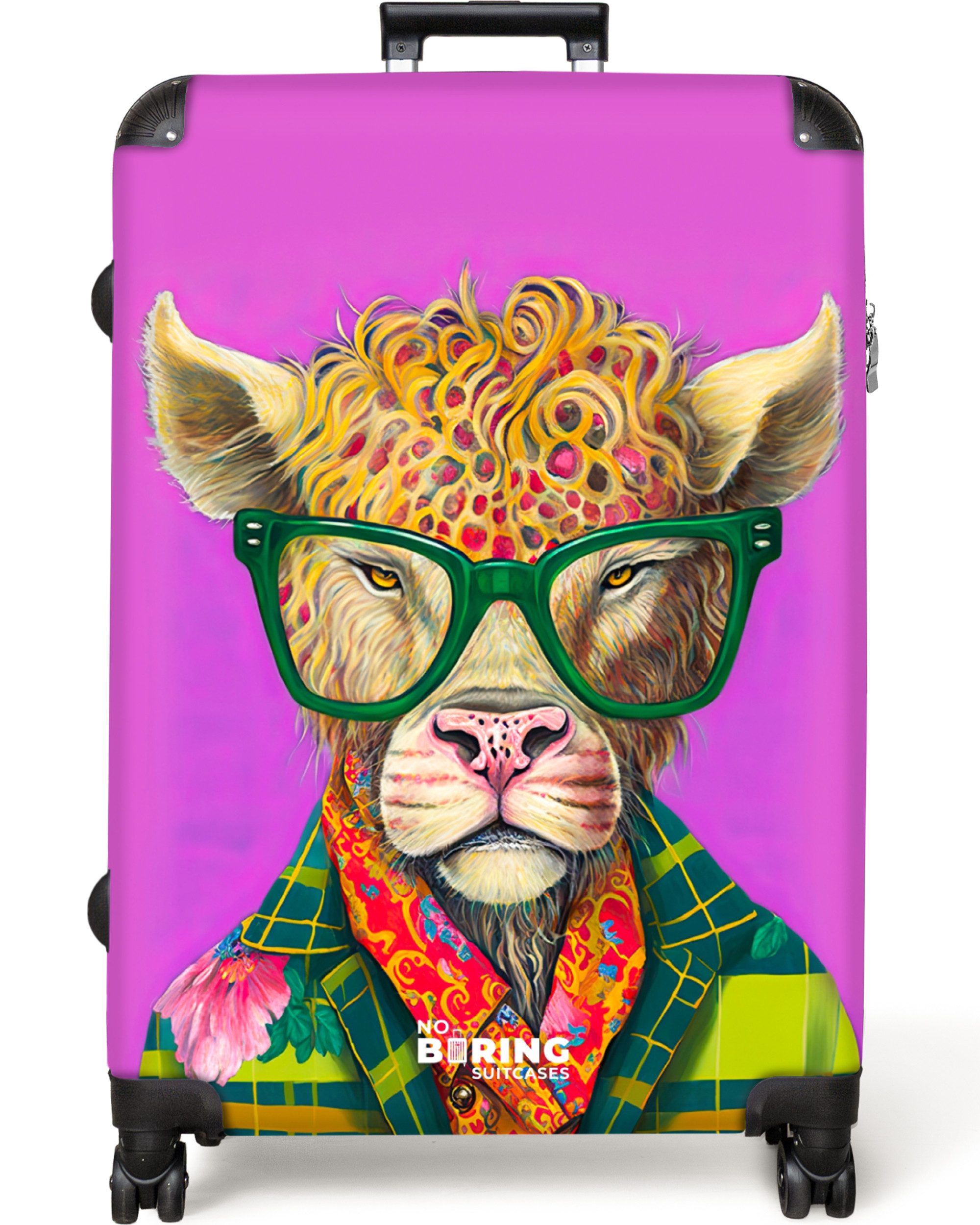 NoBoringSuitcases.com© Hartschalen-Trolley Brille - Tier - Schottischer Highlander - Blumen - Hippie 77 cm - 98 L, 8 Rollen, Koffer Groß für 30kg, Trolley, Rollkoffer, Reisekoffer