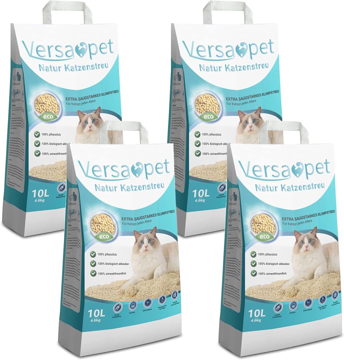 Versapet Katzenstreu Tofu Katzenstreu (4 x 10 Liter Bio-Öko-Katzenstreu), Klumpstreu für Katzenklo, Cat Litter, feste Klumpenbildung