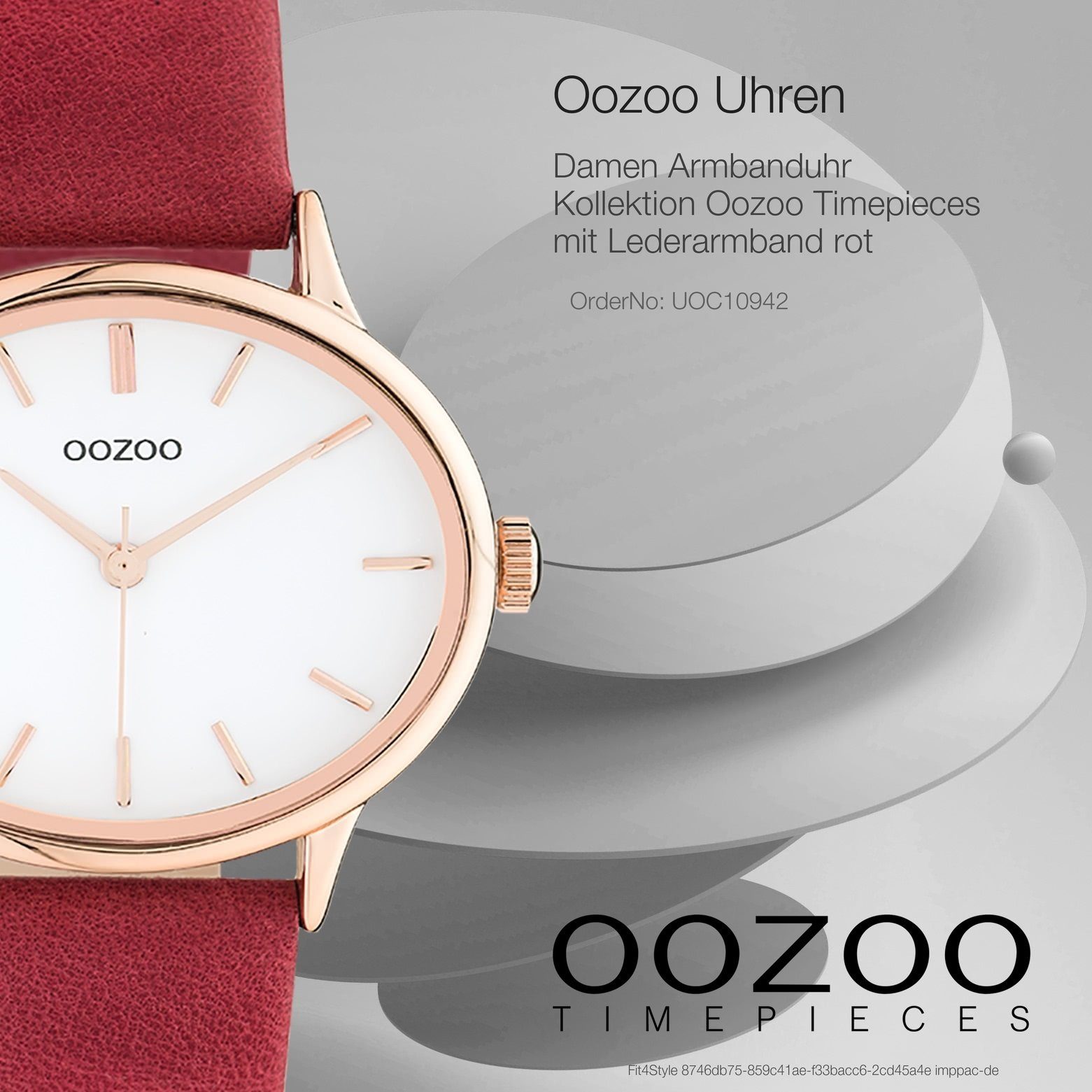 Quarzuhr (ca. Armbanduhr groß OOZOO rot Damenuhr Damen Fashion-Style 38x31mm) rund, Oozoo Analog, extra Lederarmband,