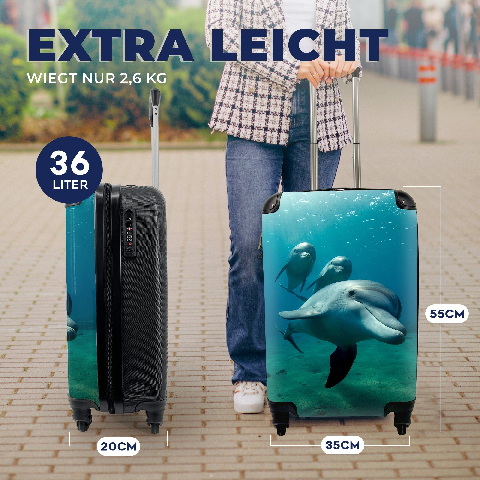 für Handgepäckkoffer MuchoWow Handgepäck - Trolley, Reisekoffer mit Blau, Delphin Rollen, - Ferien, 4 rollen, Wasser Reisetasche