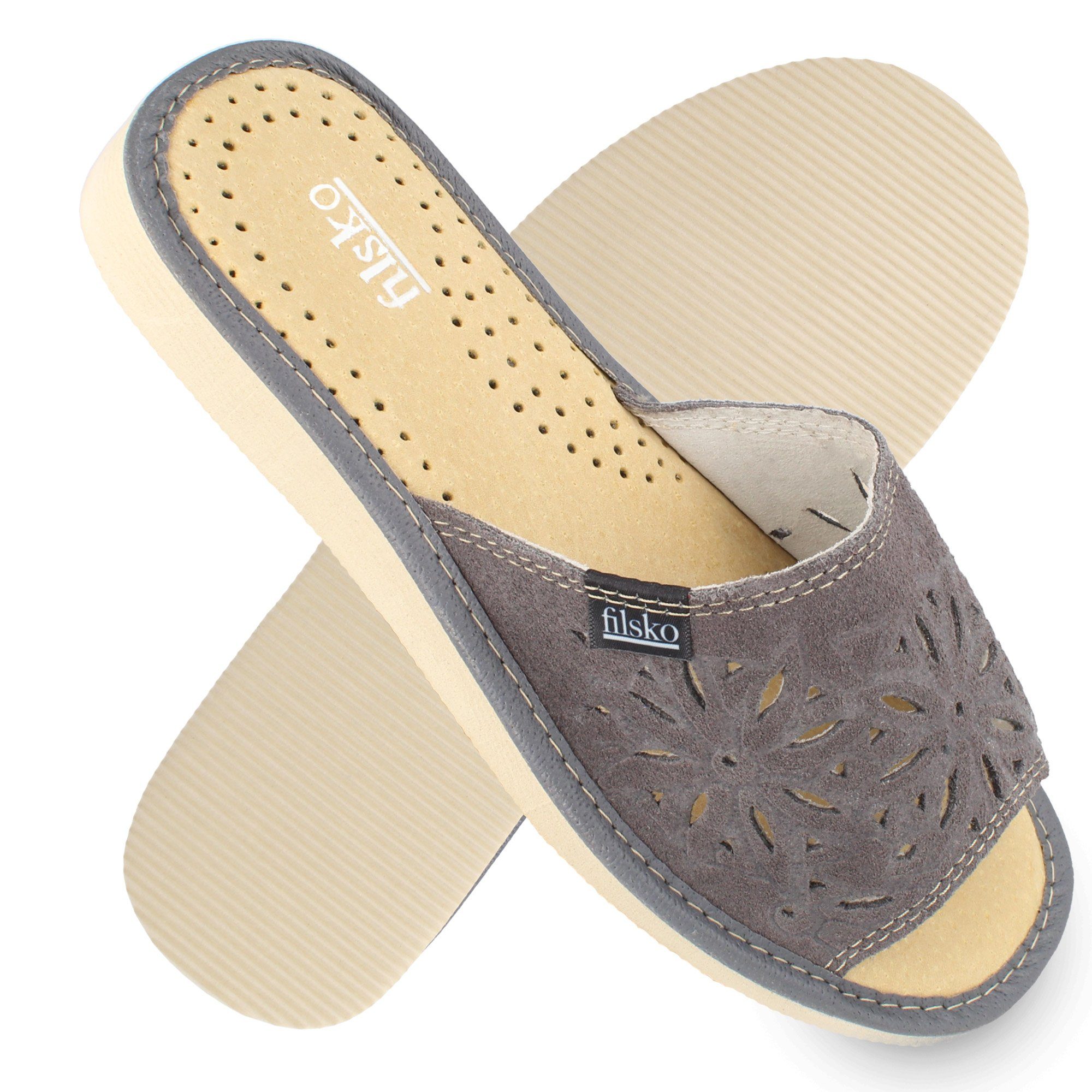 filsko Zafra Damen Hausschuh Veloursleder mit Blumenmuster, offene Pantoletten, Slip-On