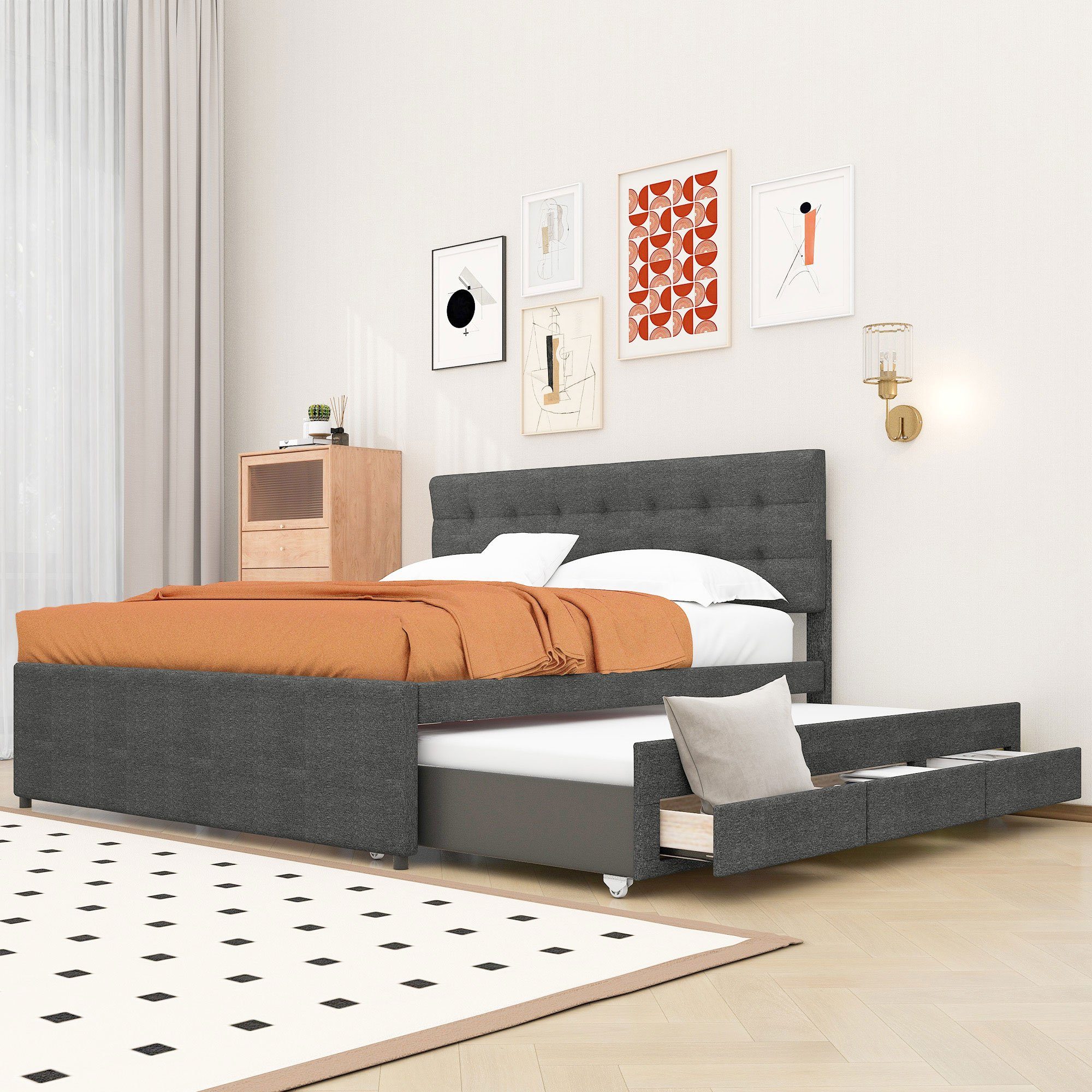 Grau Kopfteil, Verstellbares Doppelbett Bett Ulife drei mit Schubladen, Polsterbett Familienbett, ausziehbares 140x200cm