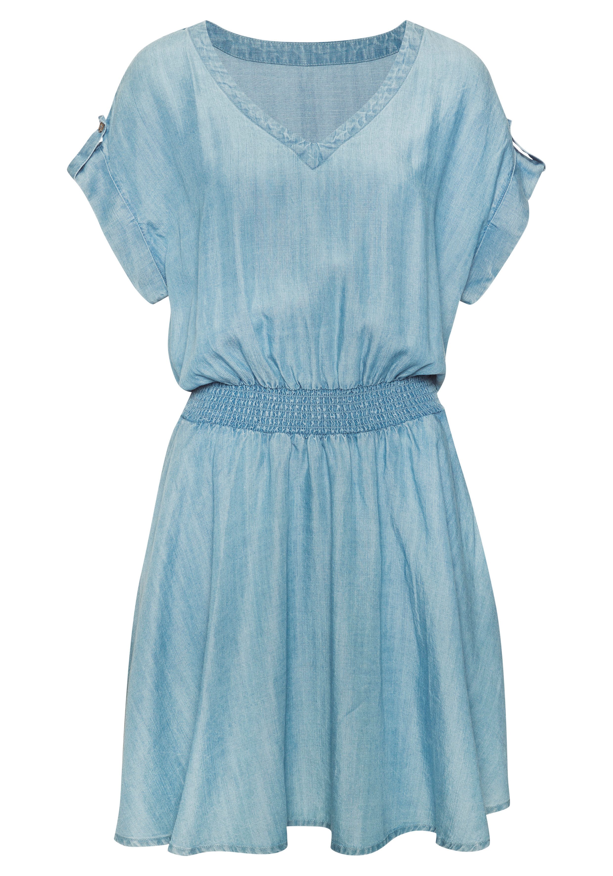 Buffalo Sommerkleid mit V-Ausschnitt aus weicher Lyocellware kurzes Kleid, figurumspielendes Sommerkleid, Strandkleid, Tunikakleid. € 69,99