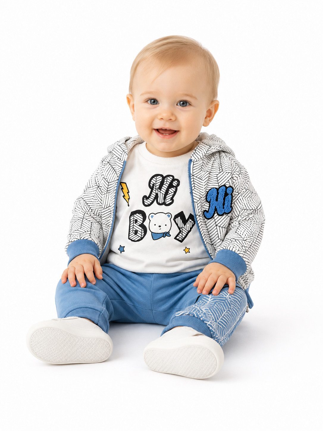 Lorey Medtec Neugeborenen-Geschenkset Jungen Outfit, 3er Set, Langarmshirt, Jacke, Hose, 100% Baumwolle (Jacke mit Kapuze + Langarmbody + Hose)