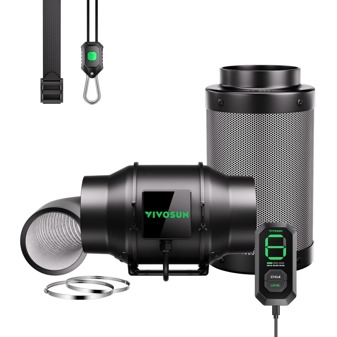 VIVOSUN Ventilatorkombigerät VIVOSUN AeroZesh G-Serie Smart Luftfiltration Kit, 15 cm Durchmesser, Abluft-Set mit E12-Geschwindigkeitsregler und Aktivkohlefilter