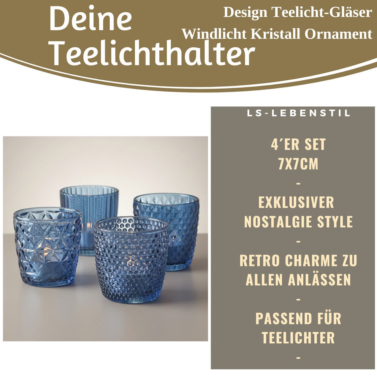 LS-LebenStil Teelichthalter 4´er Set Teelichtgläser Retro Blau 7cm Glas Windlicht (4´er Set Kristall Ornament Windlicht für Teelichter, 4 St., Halter Kerzenständer Tischdeko Kerzenhalter Gläser für Teelichter), 7x7cm, 4´er Set Kristall Ornament Windlicht für Teelichter