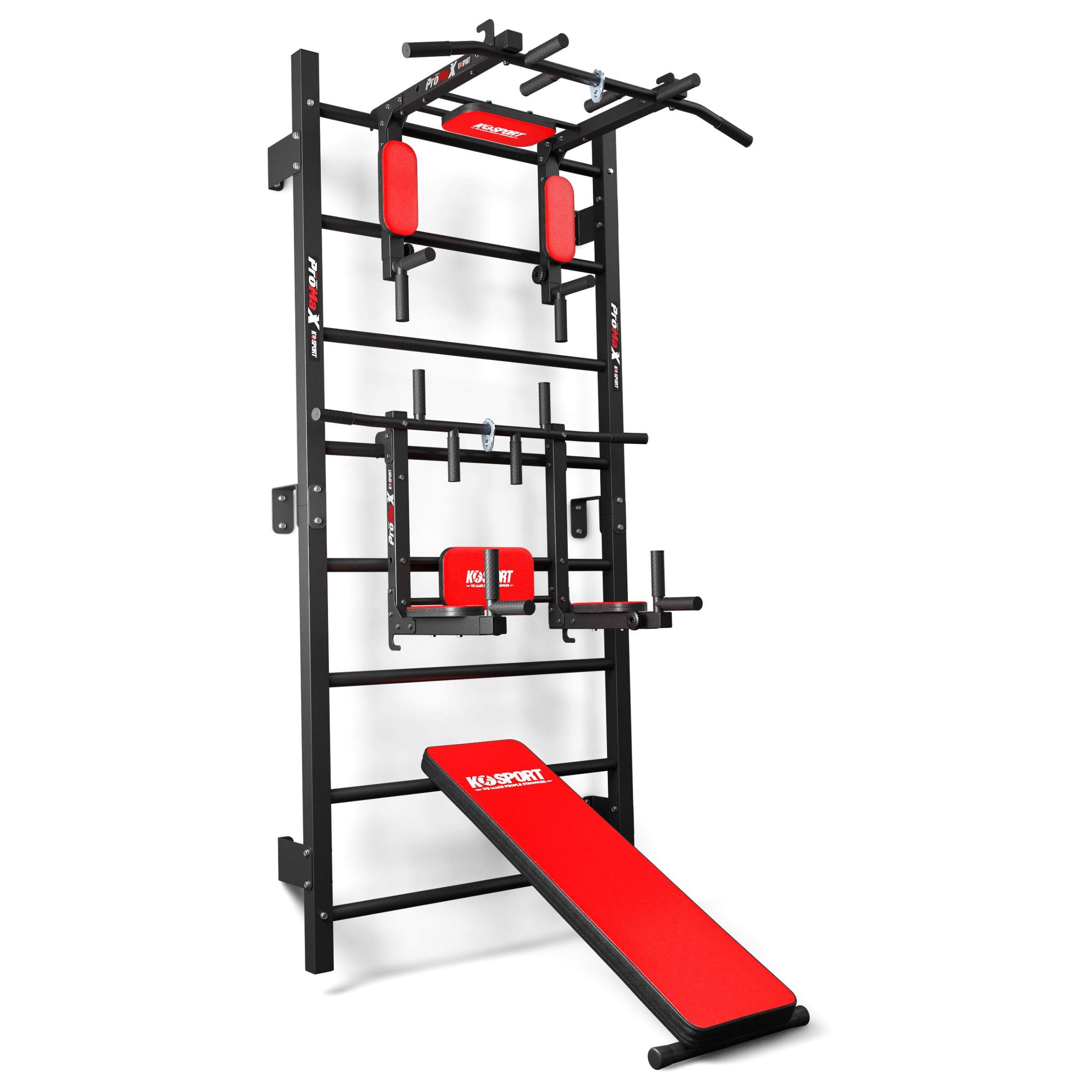 K-SPORT Kraftstation Sprossenwand+Dip Station, Klimmzugstange & Trainingsbank, (TRAININGSSET SPROSSENWAND MIT DIP STATION + KLIMMZUGSTANGE + BANK), Made in EU!