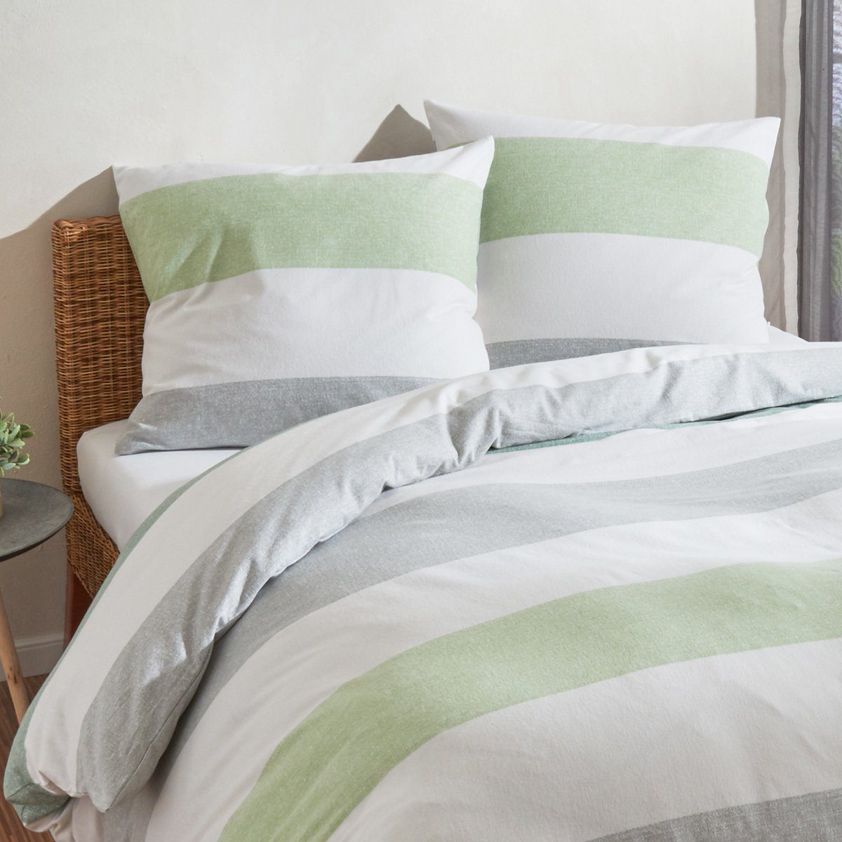 TRAUMSCHLAF Bettwäsche Melange Streifen grün, Biber, 3 teilig, Biberbettwäs günstig online kaufen