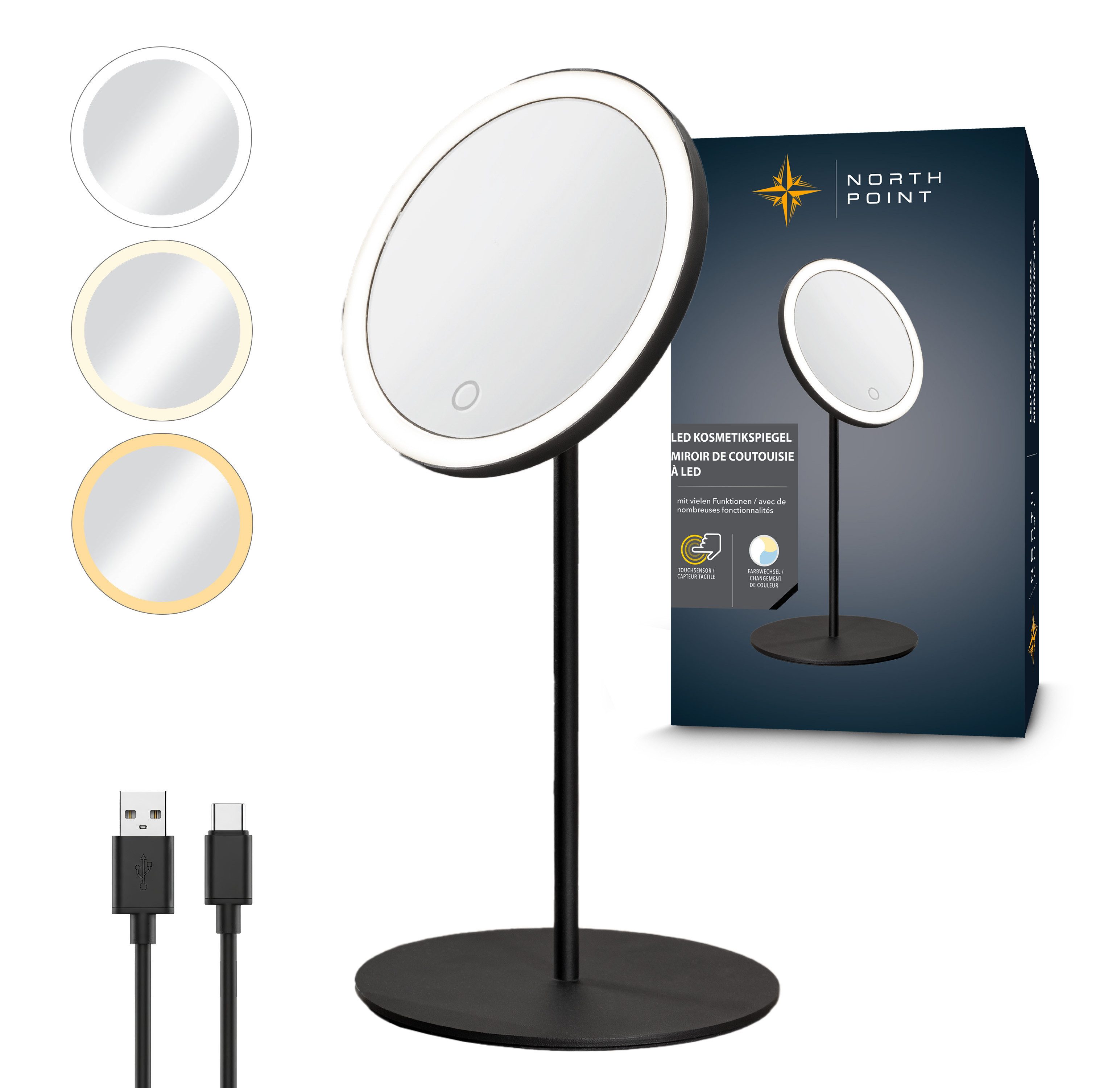 Kosmetikspiegel LED Akku Spiegel 5-fach 3 Lichtfarben dimmbar Metallgehäuse
