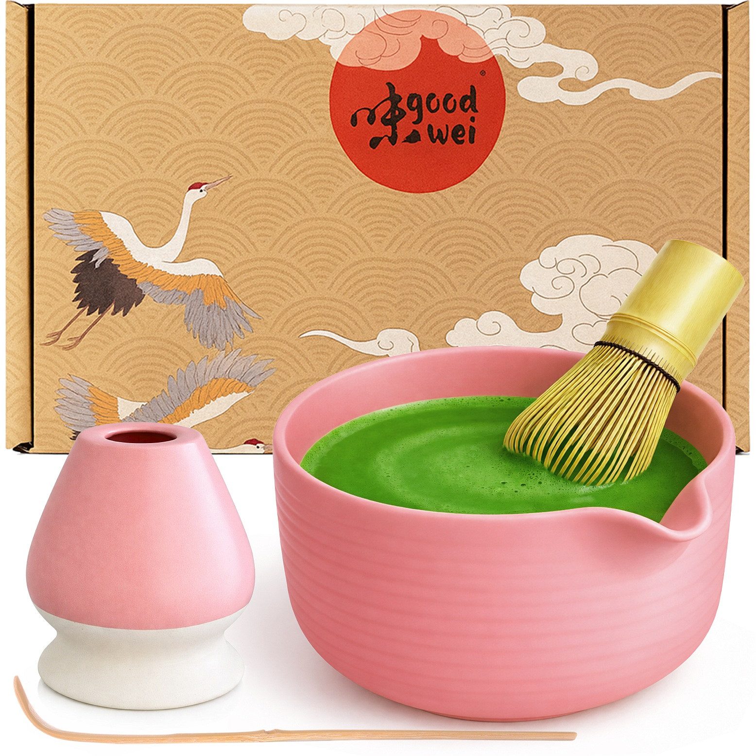 Goodwei Teeservice Matcha Latte Set "Ume" mit 80er Bambusbesen und Chasentate, 450 ml, 1 Personen, Keramik, handgearbeitet