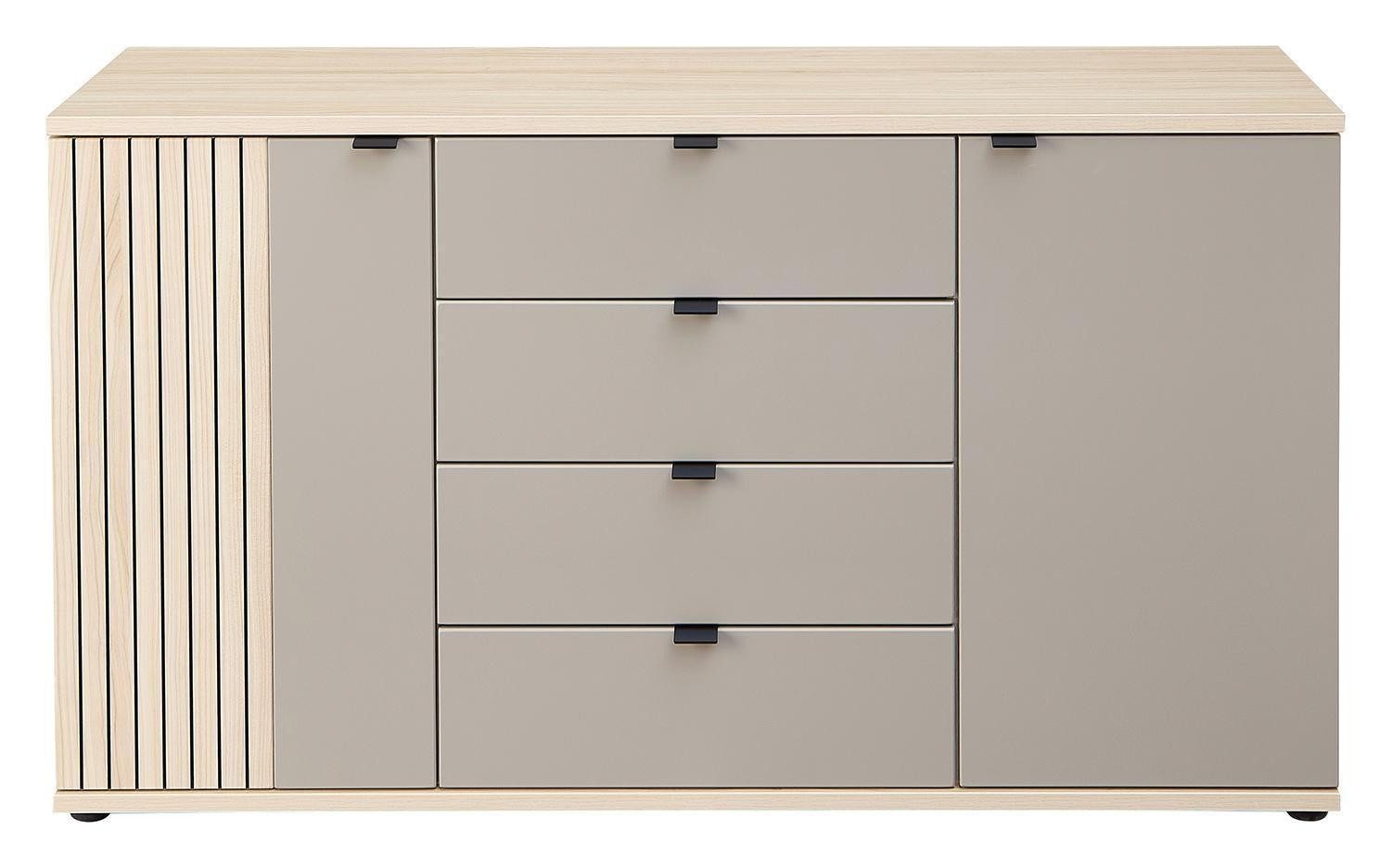 Innostyle Kommode PISA, Basaltfarben, Riva Eiche Dekor, 2 Türen, 4 Schubladen, Soft-Close-Funktion, B 149 x H 84 x T 38 cm