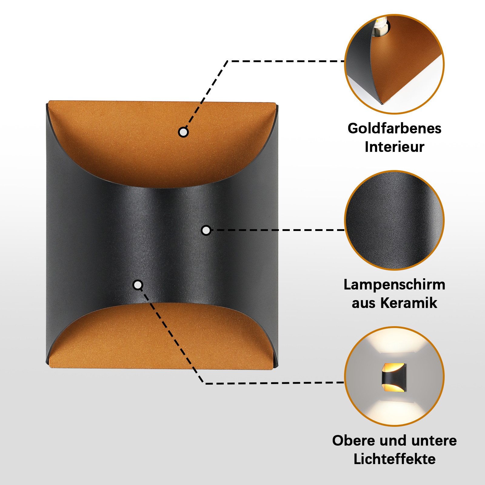 ZMH Wandleuchte Schwarz Gold - Up Down Modern Wandlampen Treppenhaus Kinderzimmer, Einfache Installation, ohne Leuchtmittel, G9 Keramik Wandbeleuchtung für Schlafzimmer