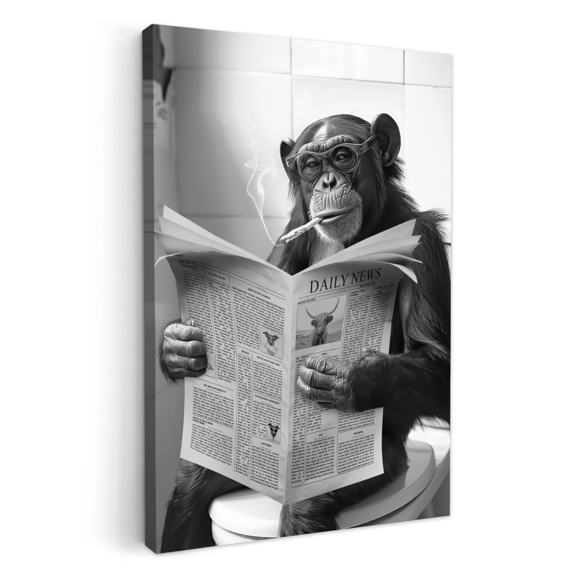 Leinwandbild Schimpanse - Affe - Zeitung - Toilette - Humor