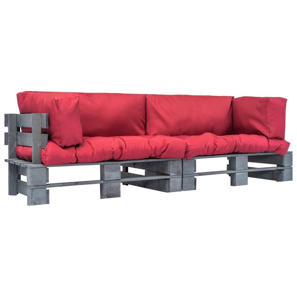 vidaXL Loungesofa 2-tlg. Outdoor-Sofa-Set Paletten mit Kissen in Rot Kiefernholz, 2 Teile Grau und Rot