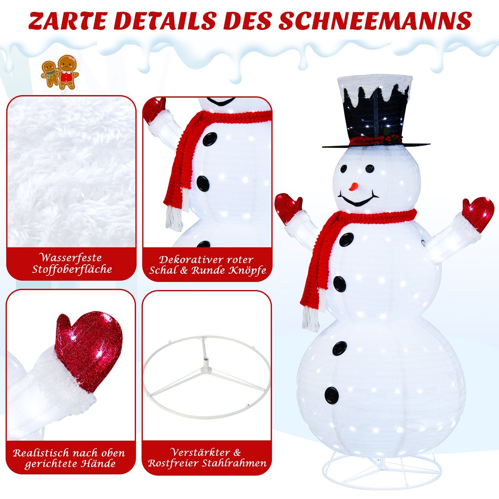 COSTWAY klappbar Schneemann, LEDs, Weihnachtsfigur, kaltweiße 200