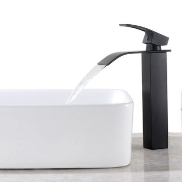 Auralum Waschtischarmatur Hoch Wasserfall Wasserhahn Badarmatur mit Pop Up Ablaufgarnitur Ablaufgarnitur mit Überlauf, Schwarz