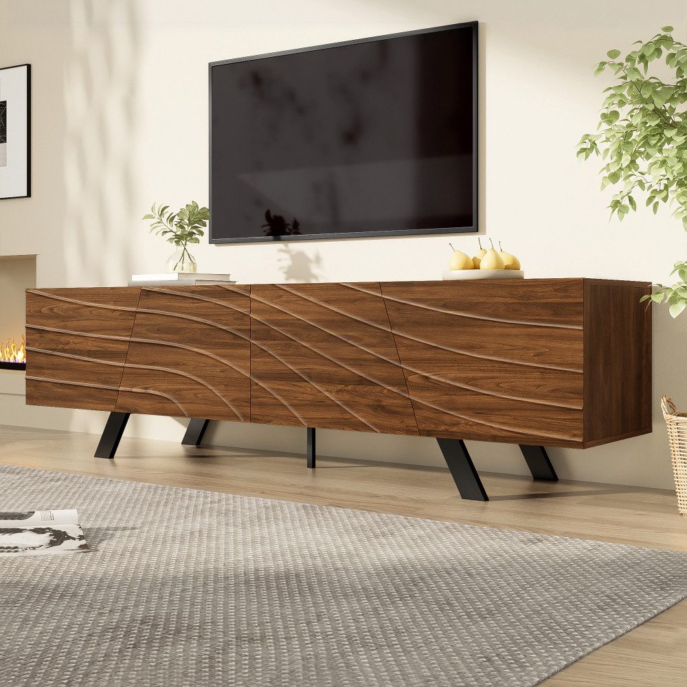 BBWL TV-Schrank Moderner TV Schrank Lowboard Walnuss Look mit schwarzen Eisenbeinen Stauraum Kabelmanagement Wohnzimmer Flur 160 cm