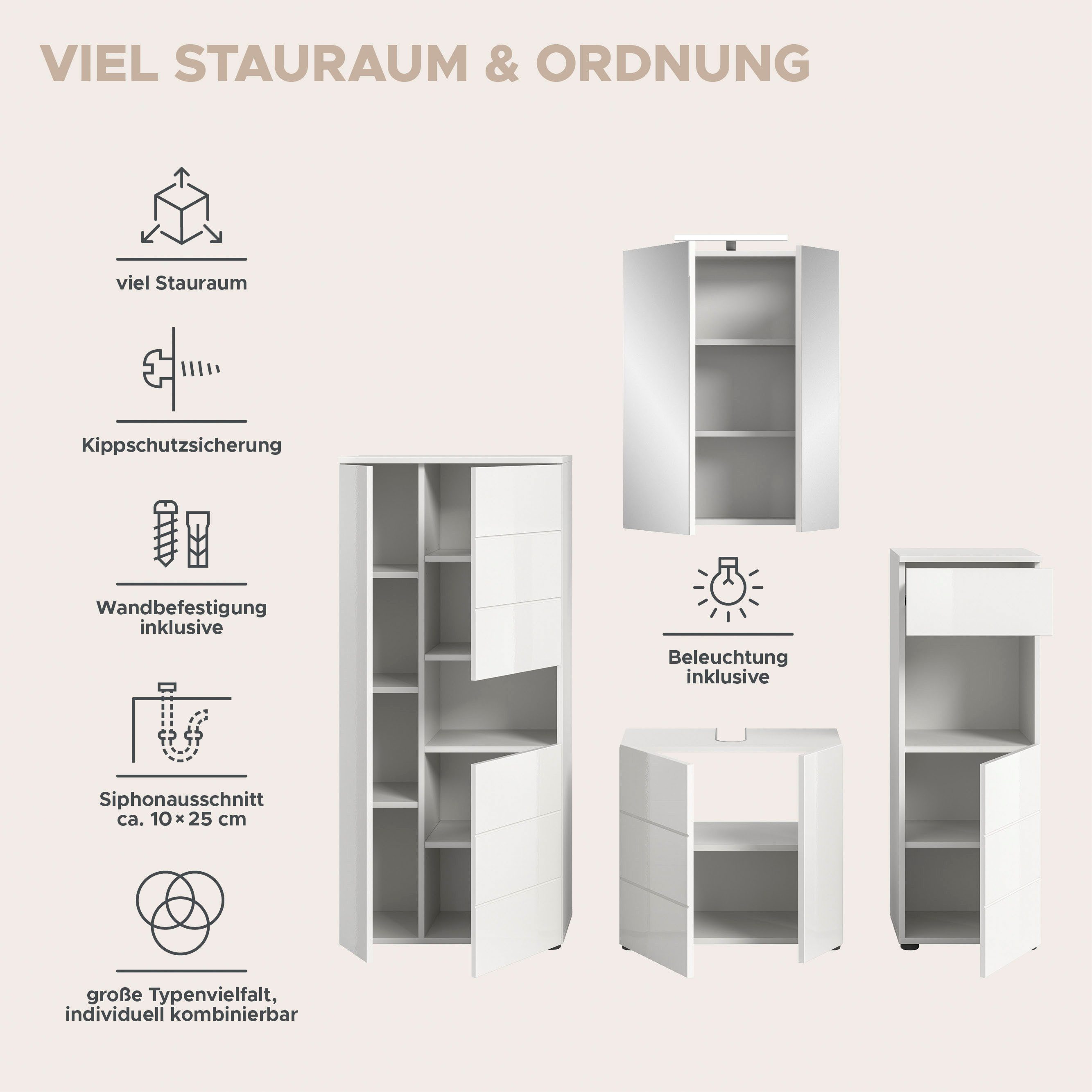 welltime Badmöbel-Set Biel, Höhe 190 cm,Hochschrank,WBU, Spiegelschrank, Unterschrank, Lampe, (5-St), Bad Set, modernes Design, Unterschrank, Spiegel, Aufsatzleuchte