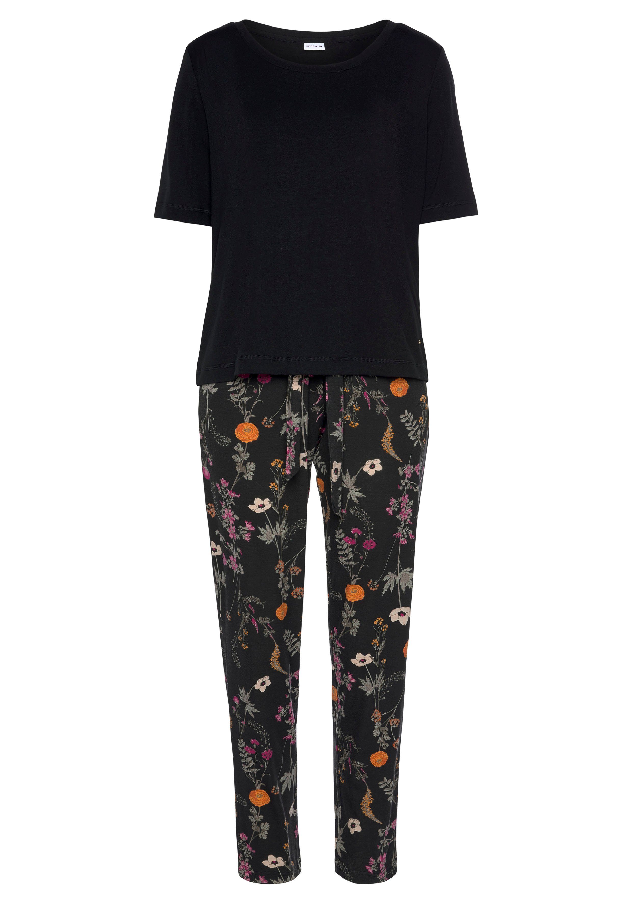 LASCANA Pyjama (2 tlg., Muster 1 Wildblumen Stück) schwarz mit