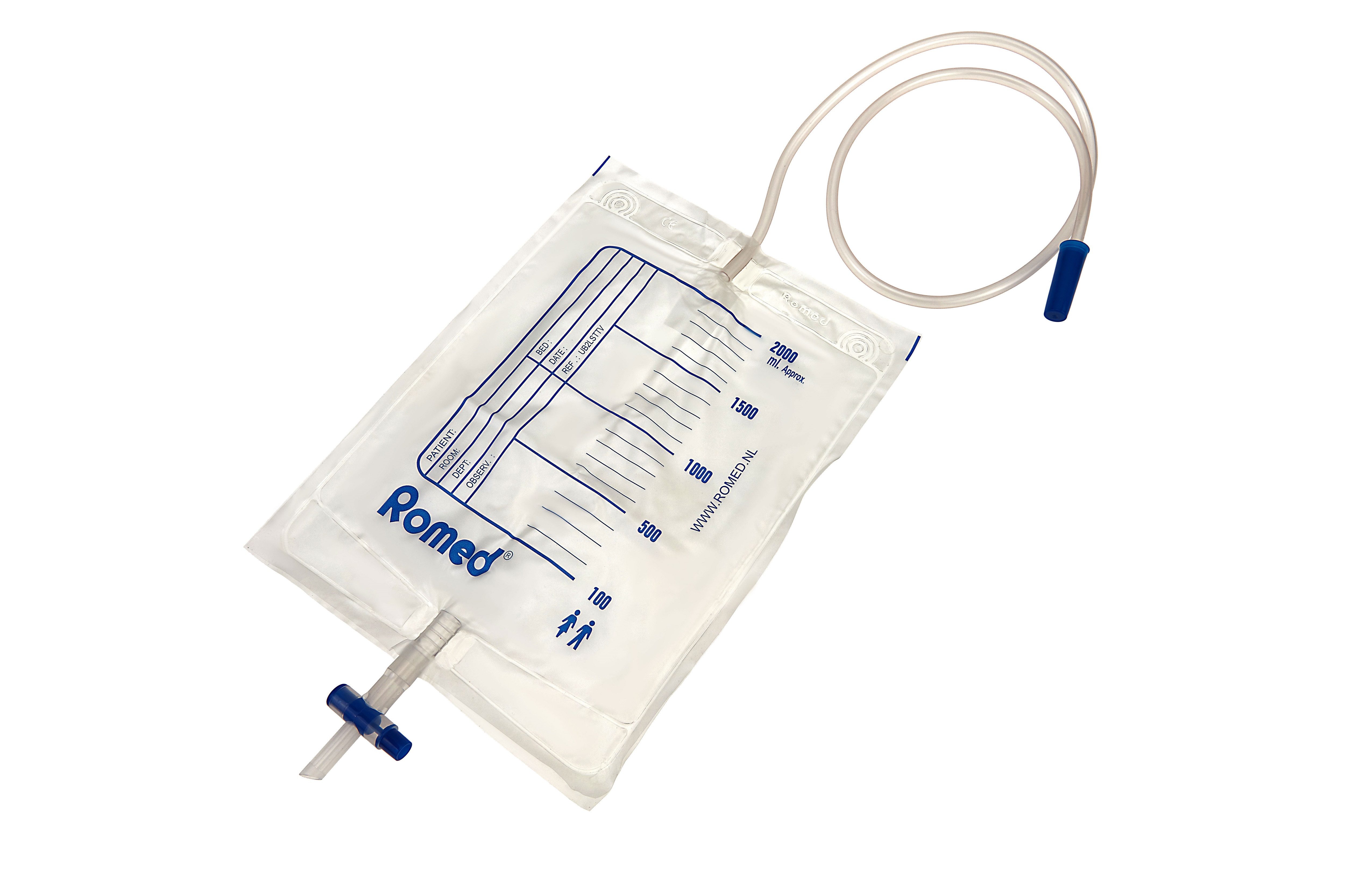 Romed Urinbeutel 2 Liter mit Ventil und T-Ablass, UB2LSTTV (10 St), Steril, Rückschlagventil, T-Ablasshahn, 90 cm Schlauch, 2.000 ml