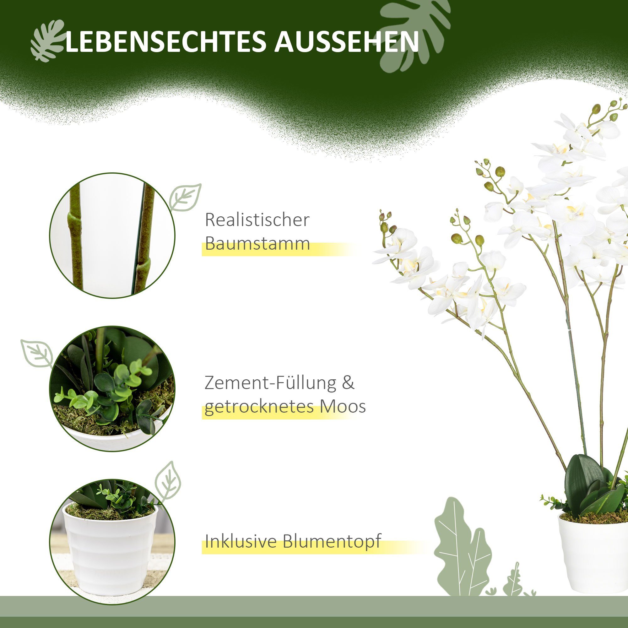 Kunstpflanze künstliche cm, Weiß + cm cm, Orchidee, im 14 x Höhe 75 x cm Pflanze, Grün 16,5 16,5 HOMCOM, Kunststofftopf