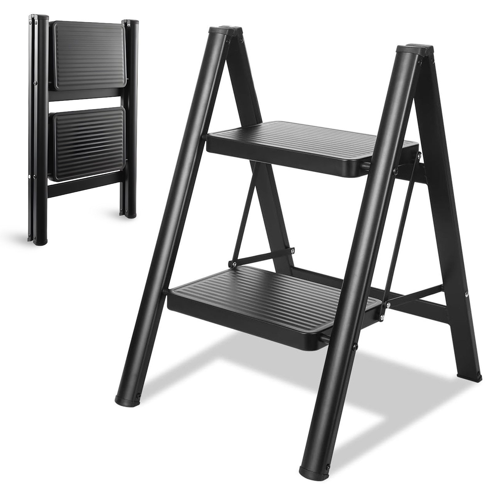 BlingBin Trittleiter 2 / 3 / 4 Stufen klappbare Küchenleiter mit breiten Stufen (1er Set, 1-St., 39*45*54 cm(T x B x H), Antirutsch-Oberfläche, belastbar bis 150 kg für Haushalt & Büro