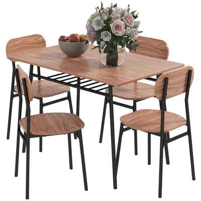 HOMCOM Essgruppe Esstisch mit 4 Stühlen, Küchentisch mit Ablagefläche, (Esszimmermöbel, 5-tlg., Esstisch Set), für Küche, Esszimmer, Stahl, Teak