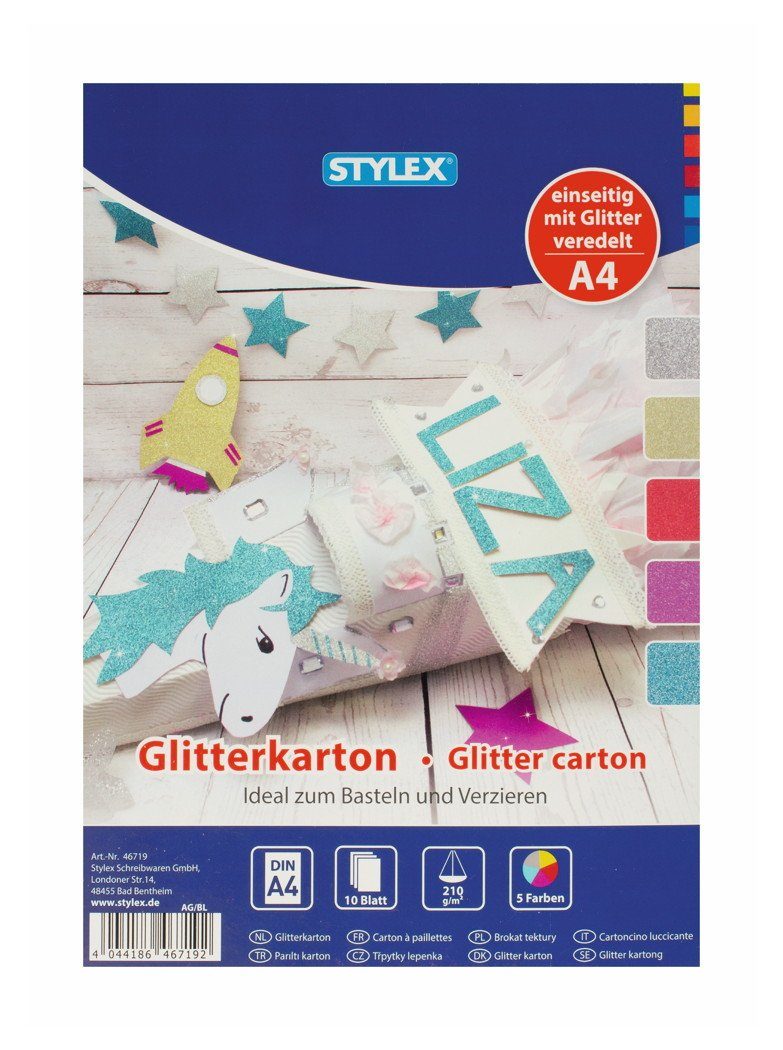 Stylex Schreibwaren Bastelkartonpapier 10 Blatt Glitzerkarton / Format: A4 / 5 verschiedene Farben