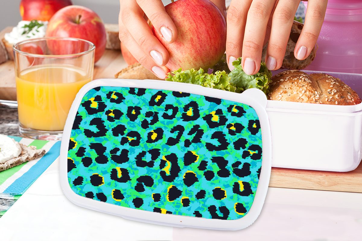 MuchoWow Lunchbox Panther Druck und - Design, für Neon Kunststoff, Kinder für Erwachsene, Brotbox (2-tlg), Mädchen Brotdose, und Jungs weiß - - Tiere