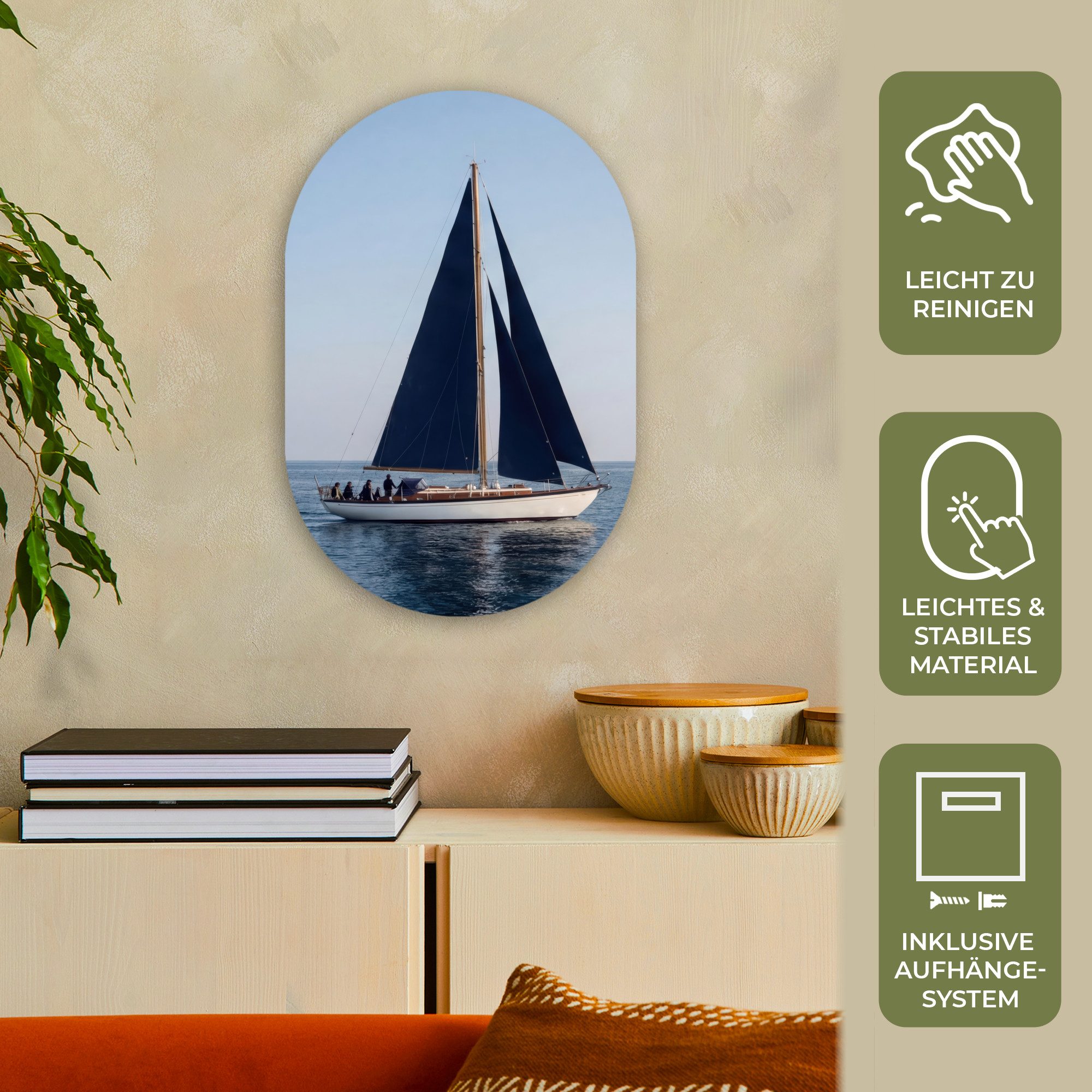 MuchoWow Gemälde Segelboot - Meer - Blau, Fotodruck (1 St), Wandbild Oval, Wohnzimmer oder Schlafzimmer Wanddekoration, 40x60 cm