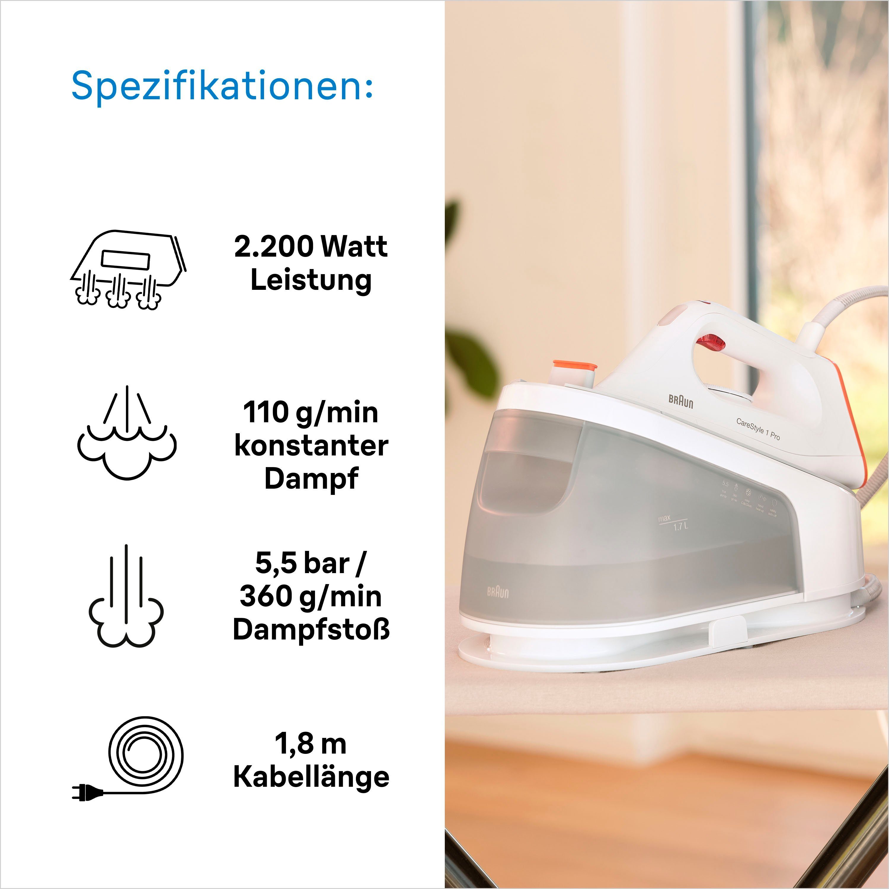 Braun Dampfbügelstation CareStyle 1 Pro IS 1511 WH - 5,5 bar, 360 g Dampfstoß, 1,7 l Tank, 1700 ml Wassertank, 110 g Dampfmenge, SuperCeramic Bügelsohle, Easy CalcClean Entkalkung