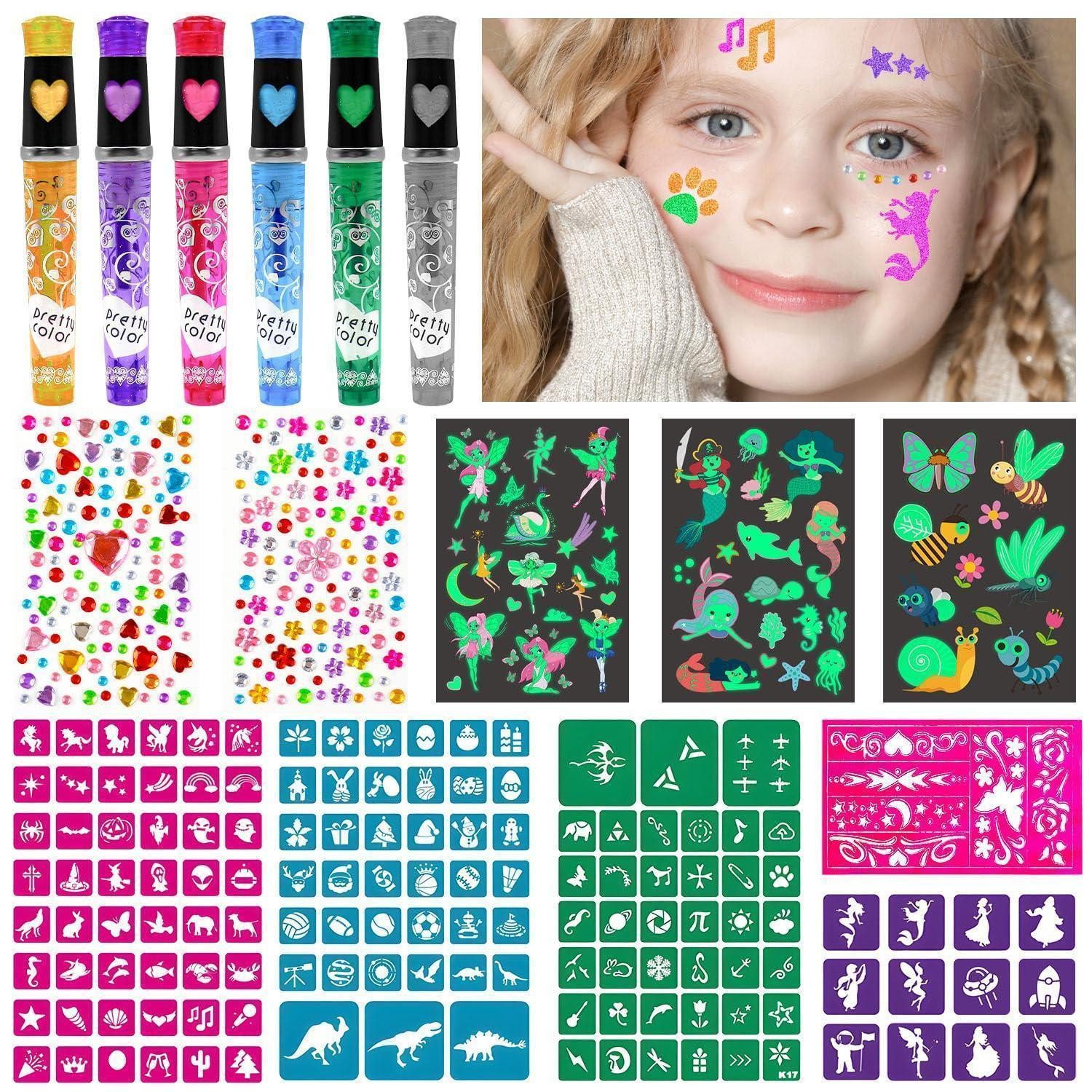 LuxusKollektion Kindertattoo Tattoo Stifte Kinder Glitzer Set mit Schablonen, 6-tlg.