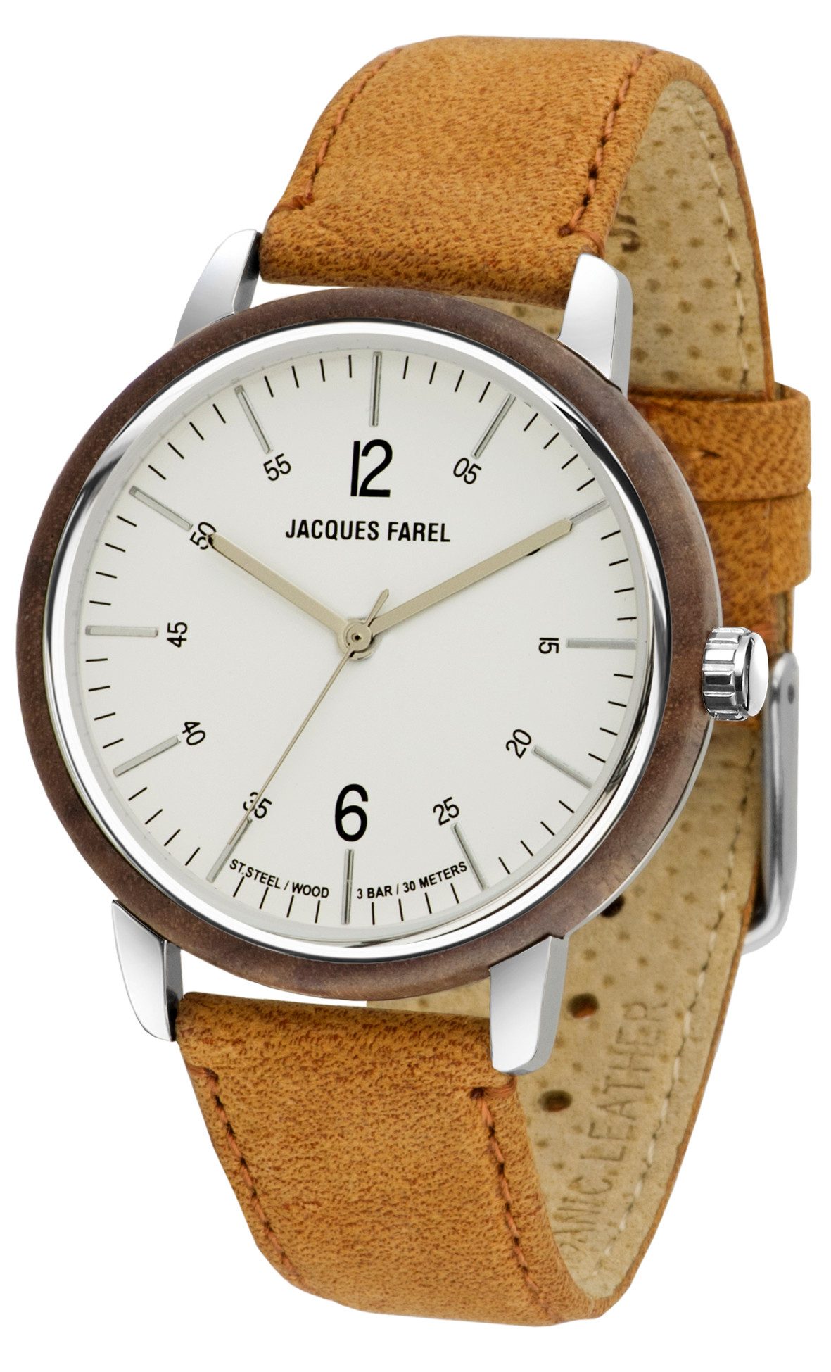 Jacques Farel Quarzuhr ORW1004 nachhaltige Damen Armbanduhr Stahlgehäuse Holzring Lederband 3 bar, Analog Hellbraun Dunkelbraun Holzuhr Geschenk Frauen Ø38 mm