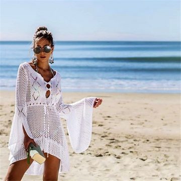 ZWY Strandkleid Damen-Strandrock aus gestricktem Häkel-Bikini-Oberteil (Sexy Strandrock mit V-Ausschnitt für Badeanzug-Abdeckungen) Boho-Stil Sommerkleid,Bluse mit Glockenärmeln