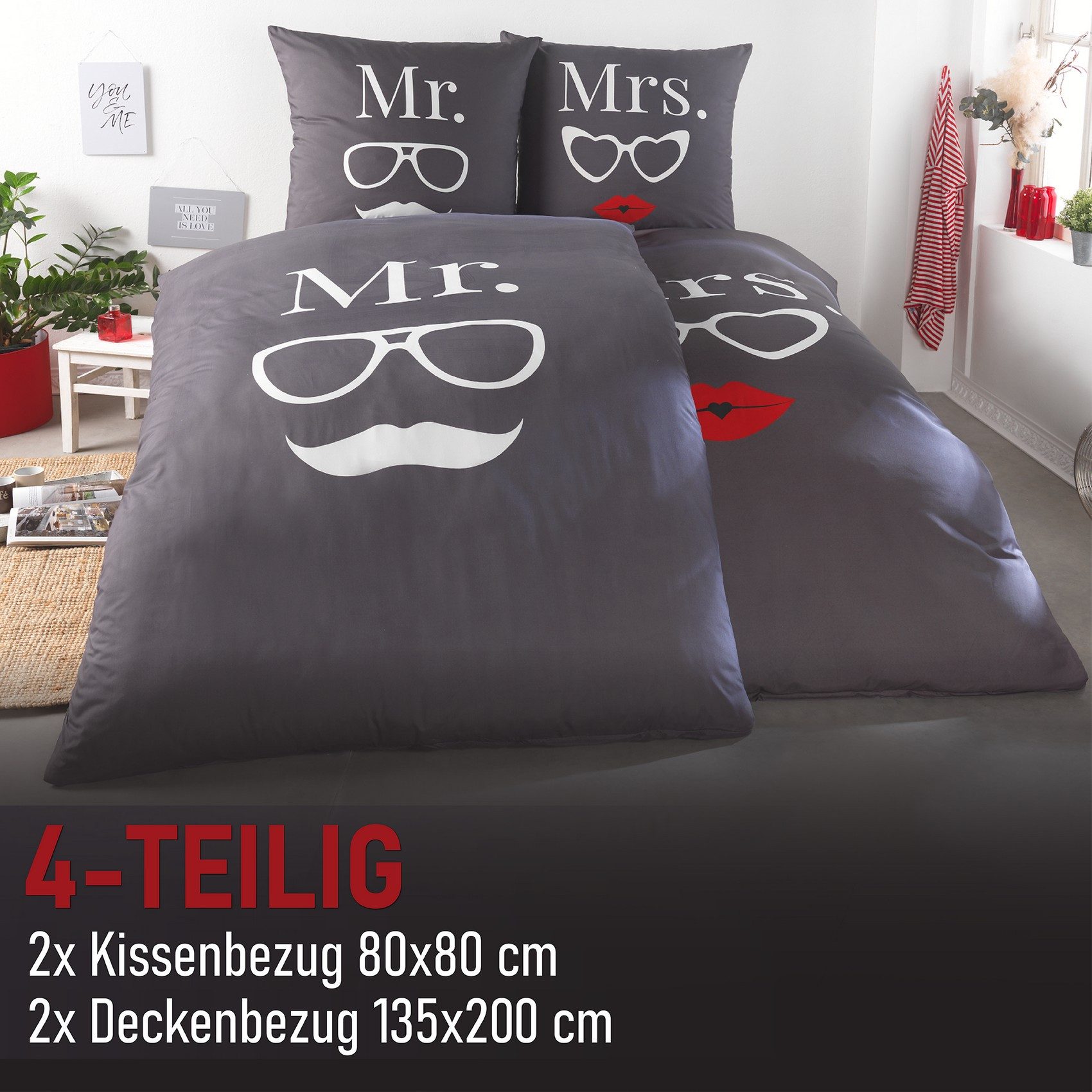 Kuscheli Partnerbettwäsche 2x 135x200 + 2x 80x80 cm atmungsaktiver Bettbezu günstig online kaufen