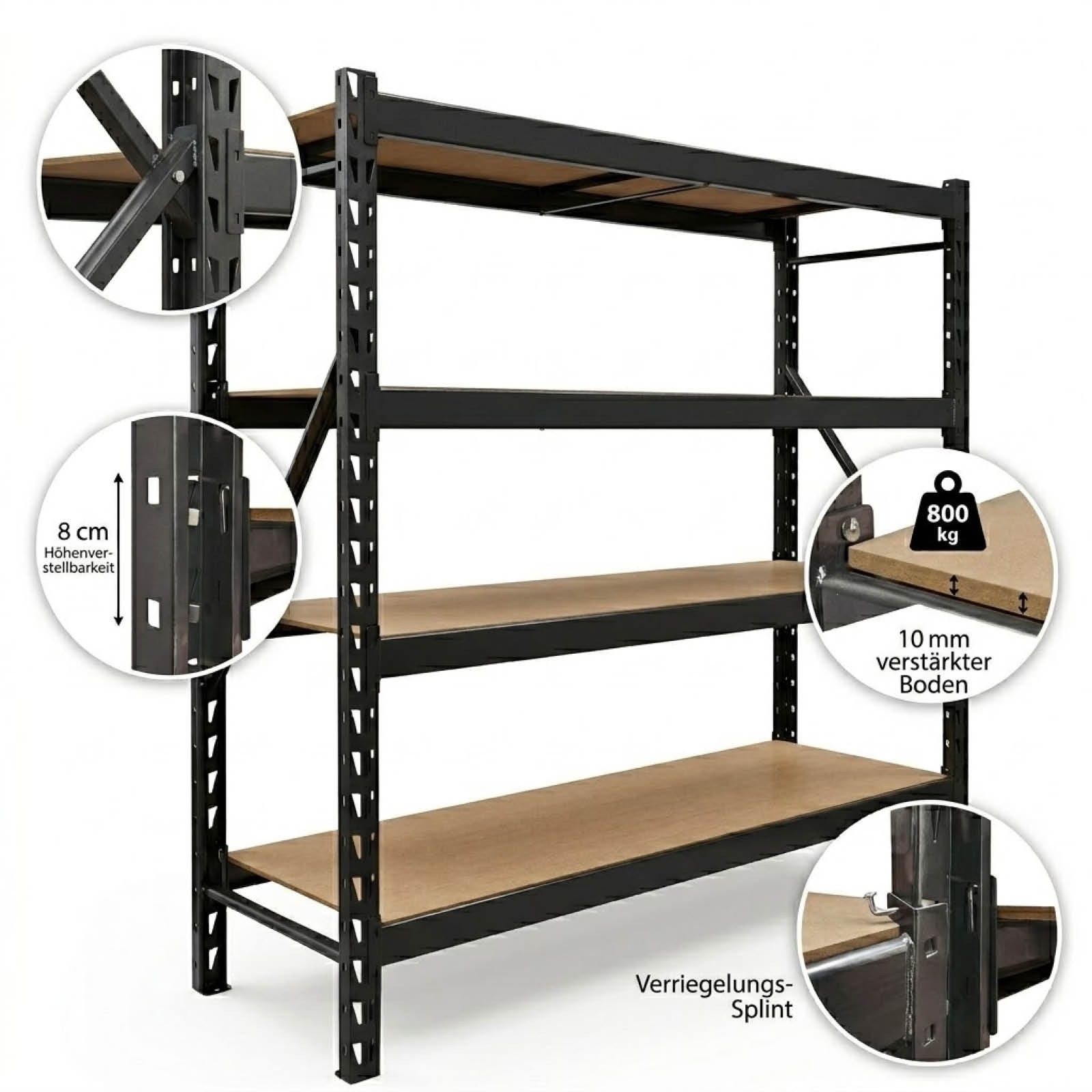 TRUTZHOLM Steckregal Schwerlastregal Emil 3200 kg aus Stahl Stecksystem 4 Fachböden, Komplett-Set, 180x190x60cm