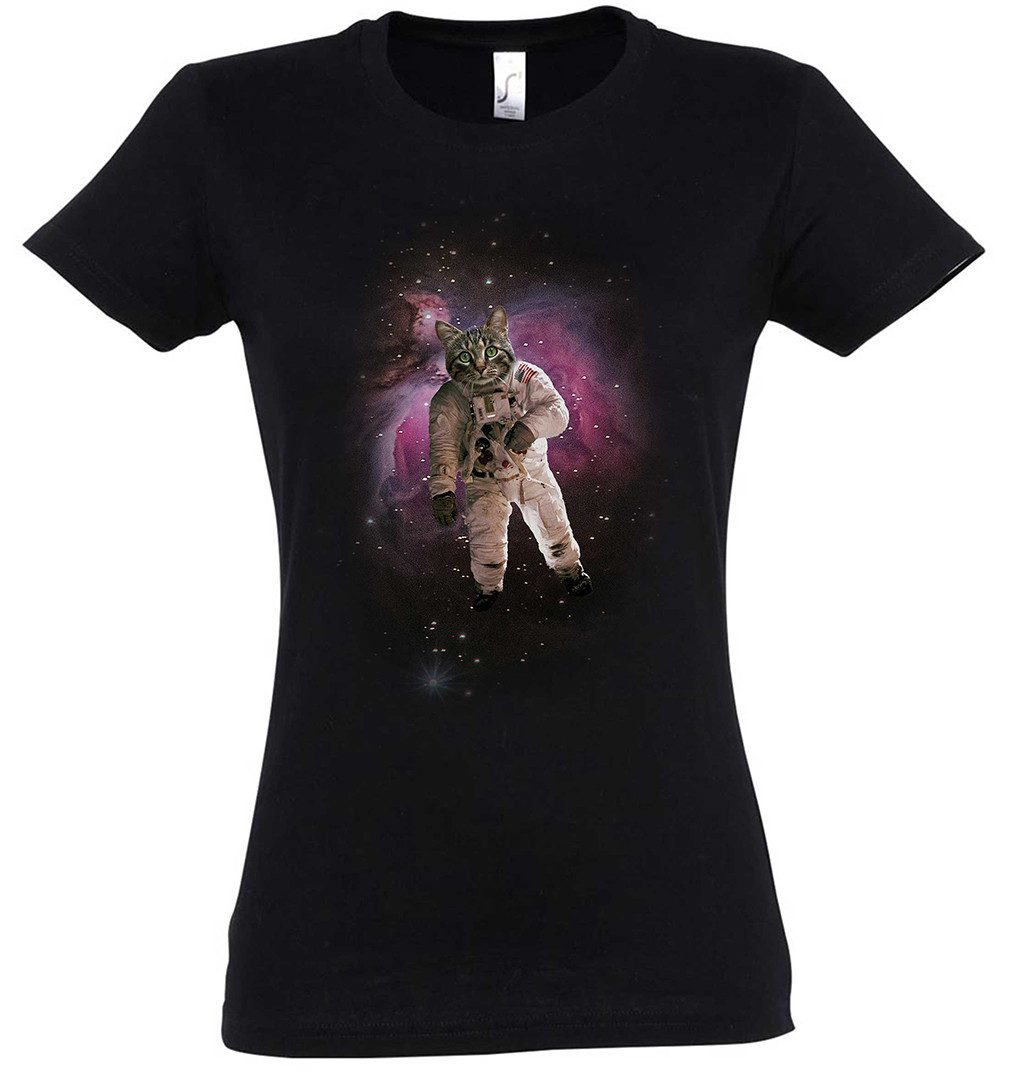 Print-Shirt Cat Astronaut Damen T-Shirt Katze Kitty Kitten Space Station Weltraum
