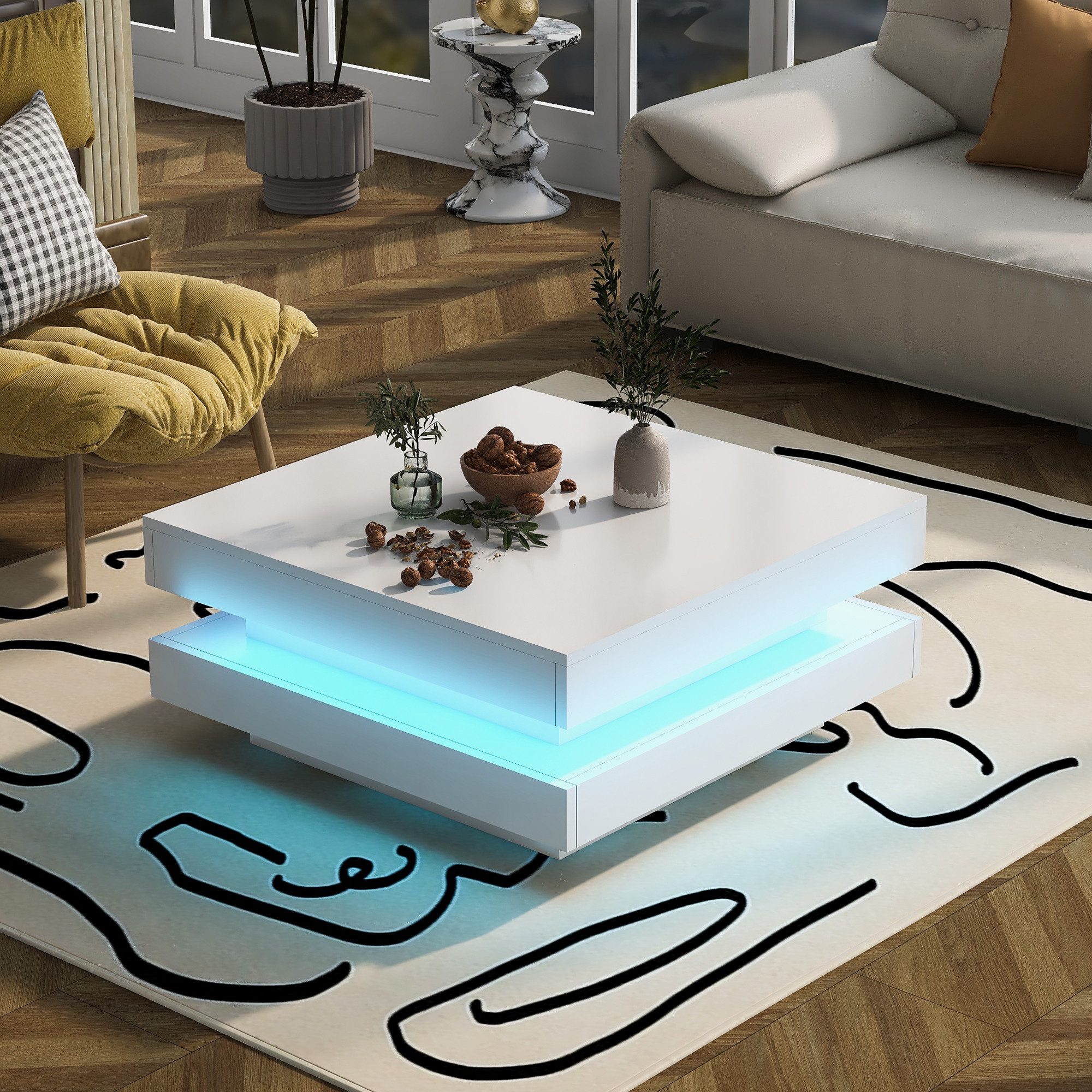 KLAM HOME Couchtisch Moderner Technologischer Stil mit 16-farbiger LED-Beleuchtung (1 Kaffeetisch), schwarzer quadratischer Kaffeetisch 70x70x36 cm