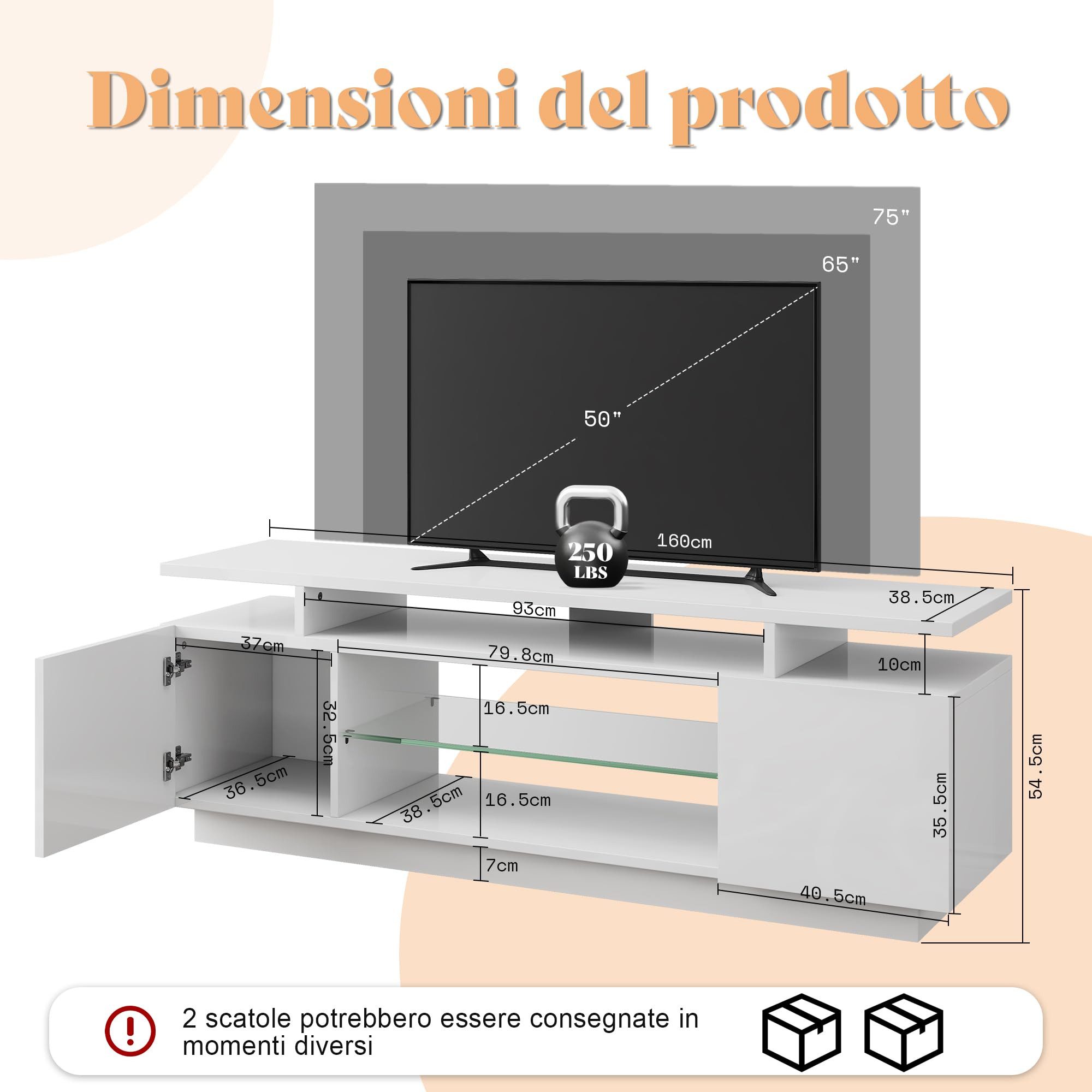AMERLIFE Lowboard Hochglanz TV-Schrank mit RGB-LED, Fernsehtisch, TV-Regal, 160cm, 2 Türen & verstellbare Glasablage für TVs bis 75 Zoll