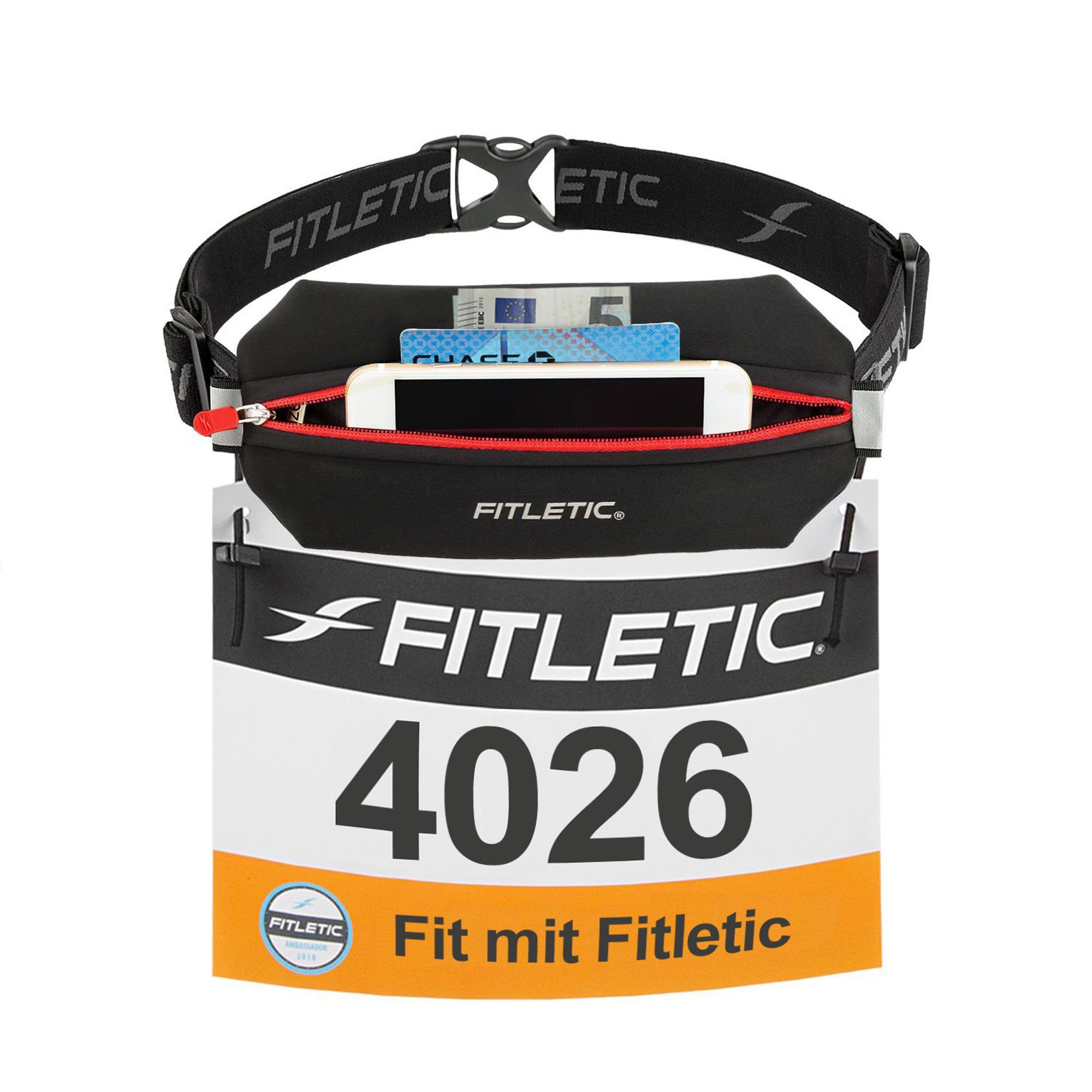 für Fitletic Fitletic Sportgürtel, Laufausrüstung Premium "Neo Laufgürtel Schwarz 1" /Rot Handy, Fitnessgürtel - Laufgürtel