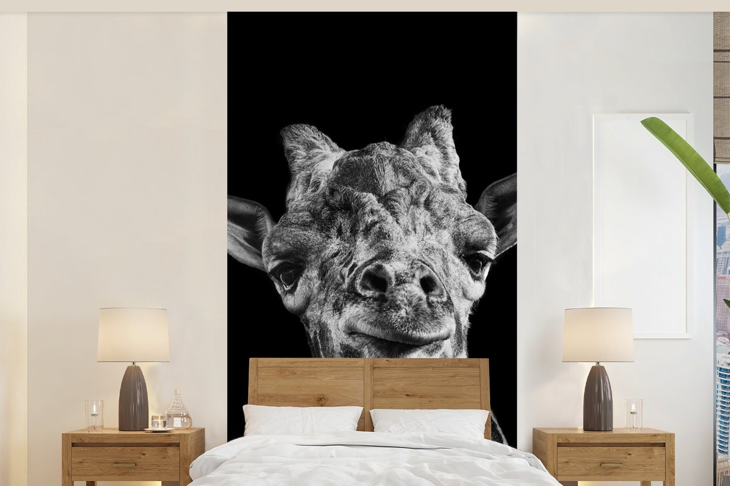 MuchoWow Fototapete Giraffe - Tier - Schwarz - Weiß, Matt, bedruckt, (2 St), Vliestapete für Wohnzimmer Schlafzimmer Küche, Fototapete