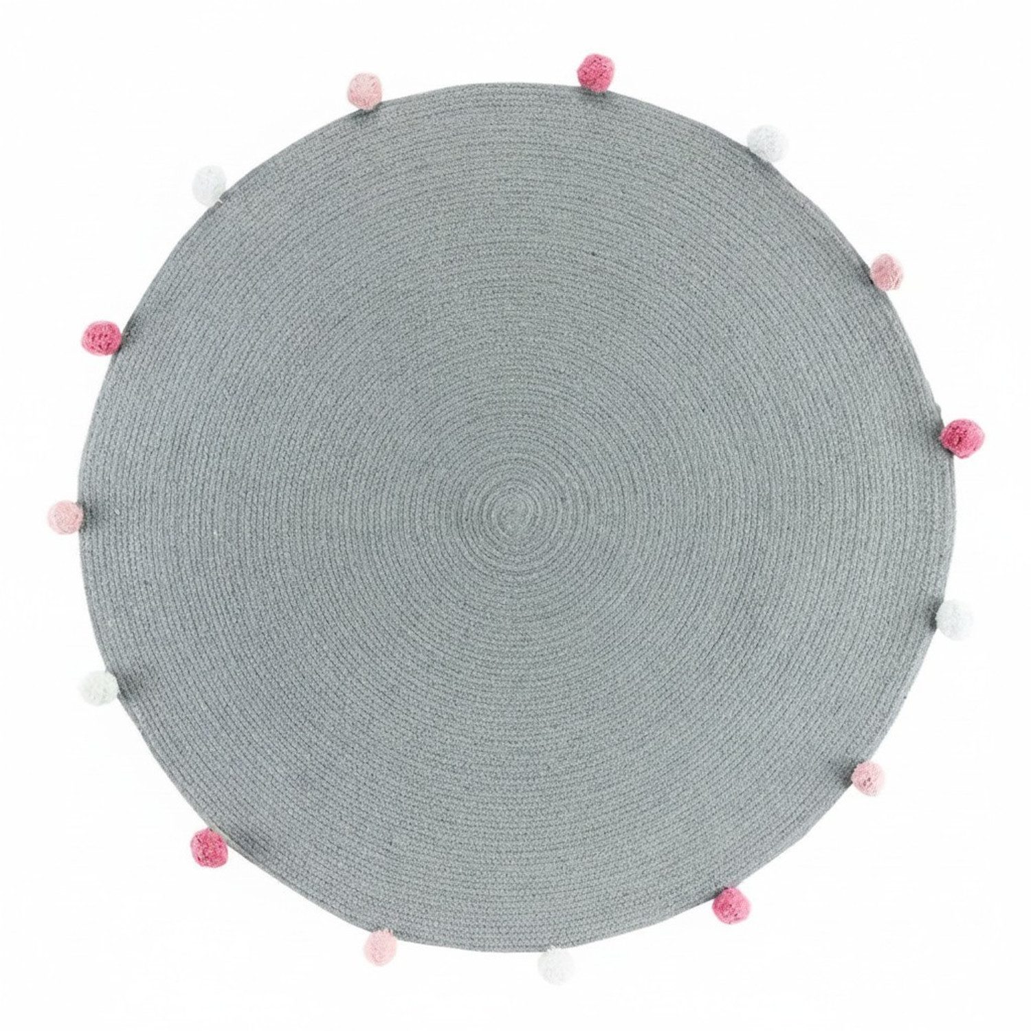 Macosa Home Teppich Rund 90 cm Rosa od. Grau uni mit bunten Bommel, rund, Baumwolle Boho Dekoteppich